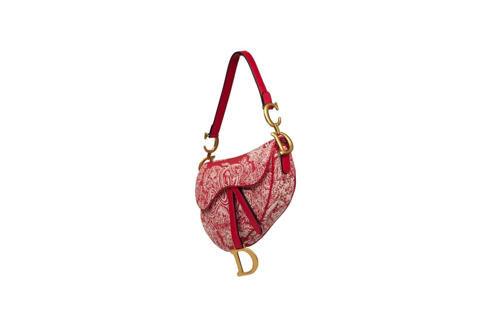 Dior Saddle Bag Medium Raspberry Toile de Jouy Reverse Jacquard In Excellent Condition For Sale In Dover, DE