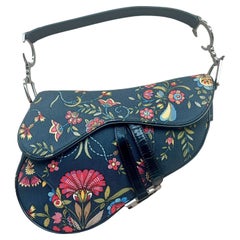 Used Dior Saddle Black Denim with Floral Embroidery John Galliano Design