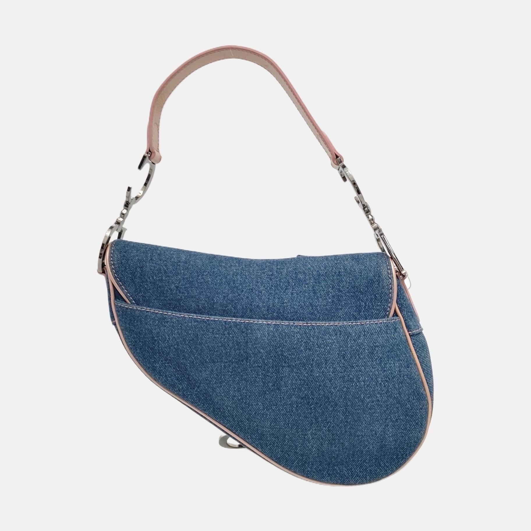 Gray Dior Saddle Blue Denim with Pocket and Pink Leather Trim Shoulder Bag