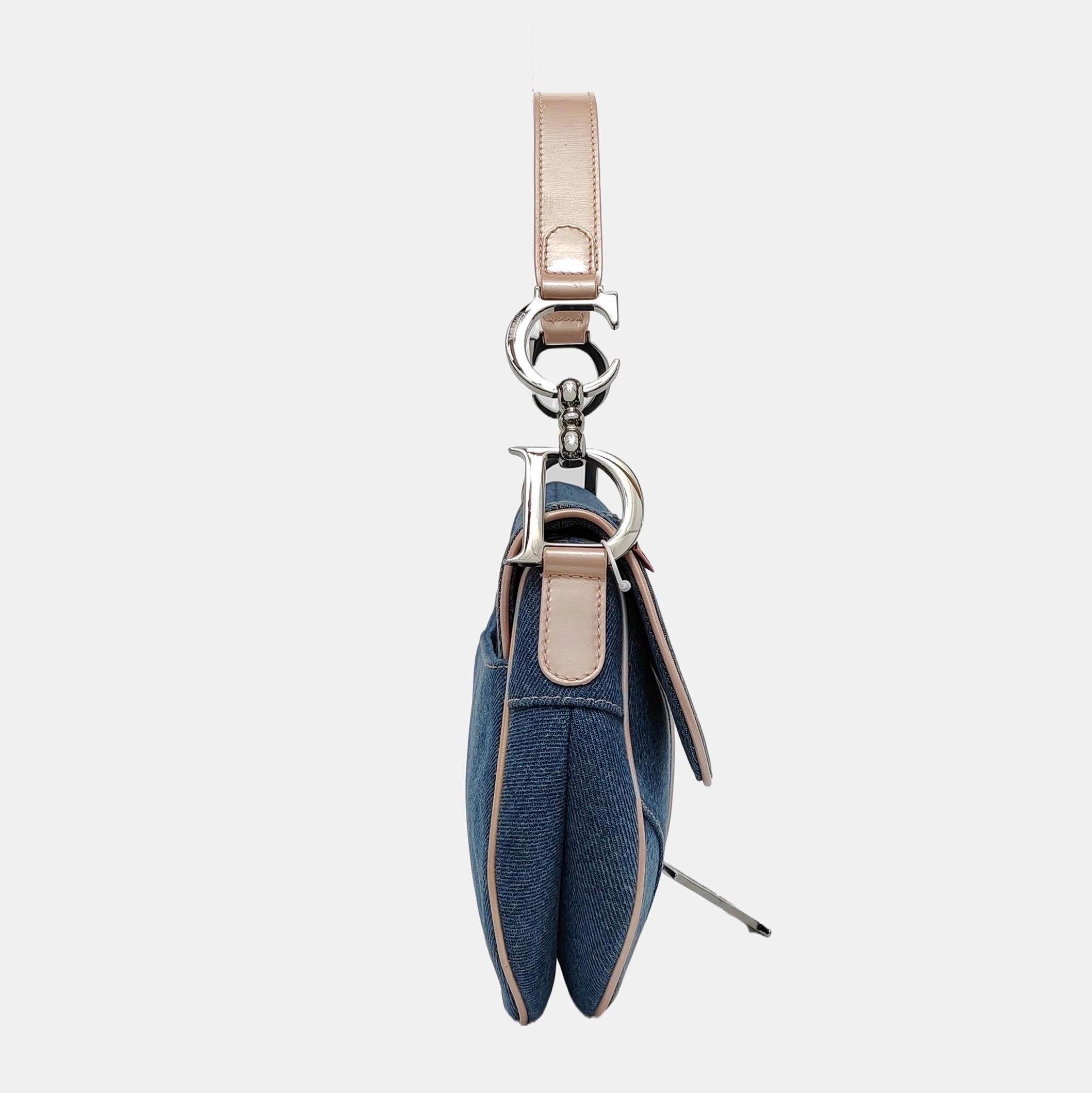 Dior Saddle Blue Denim with Pocket and Pink Leather Trim Shoulder Bag In Good Condition In AUBERVILLIERS, FR