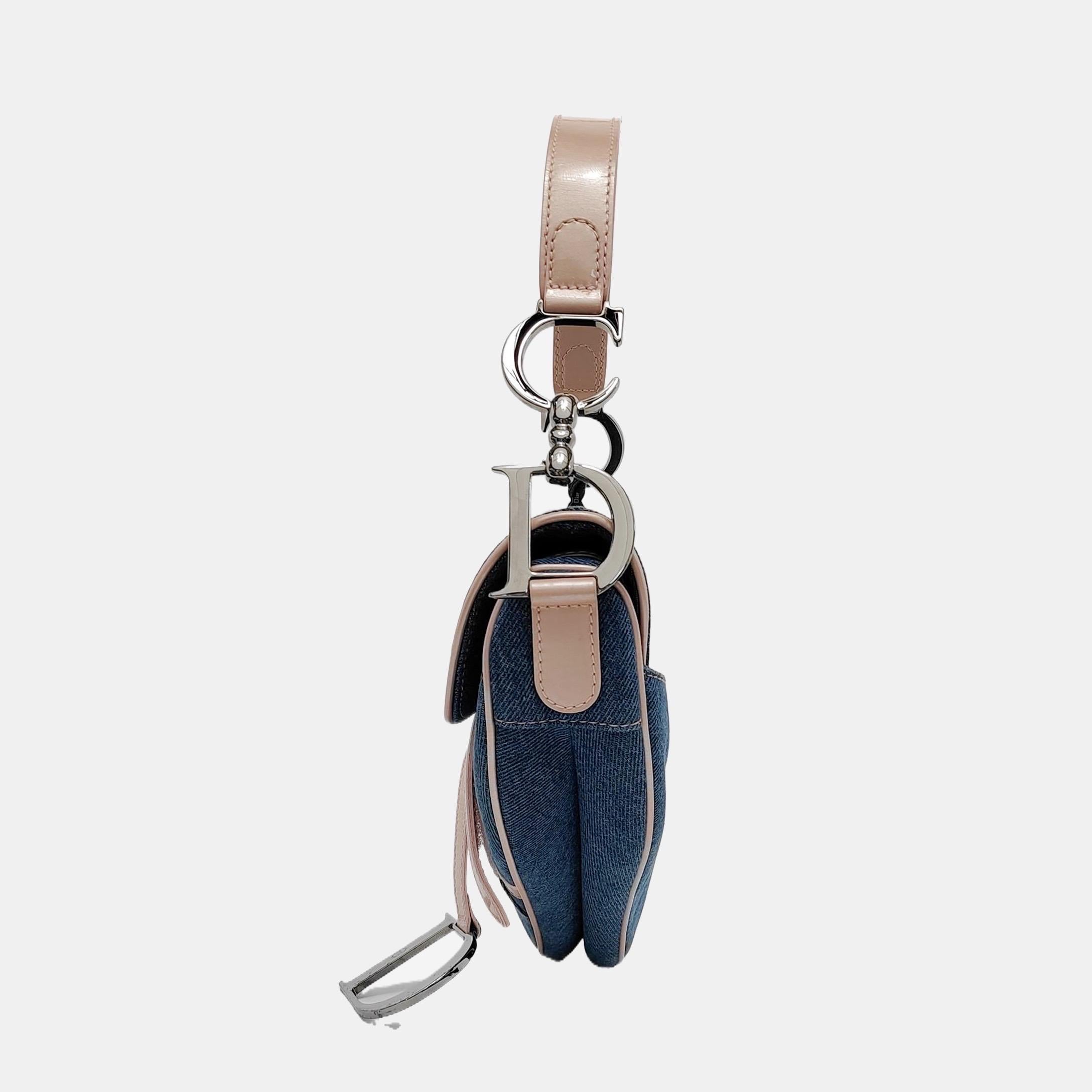 Women's Dior Saddle Blue Denim with Pocket and Pink Leather Trim Shoulder Bag
