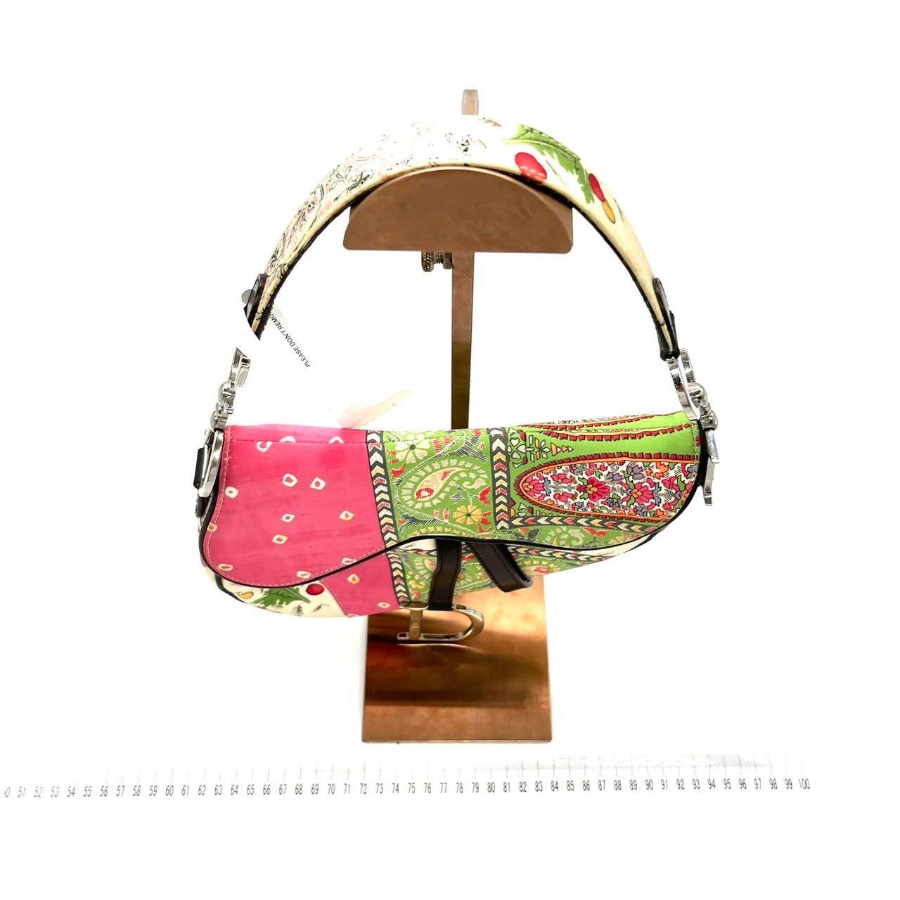 Brown Dior Saddle Medium 2003 Multicolor Silk Handbag RARE For Sale