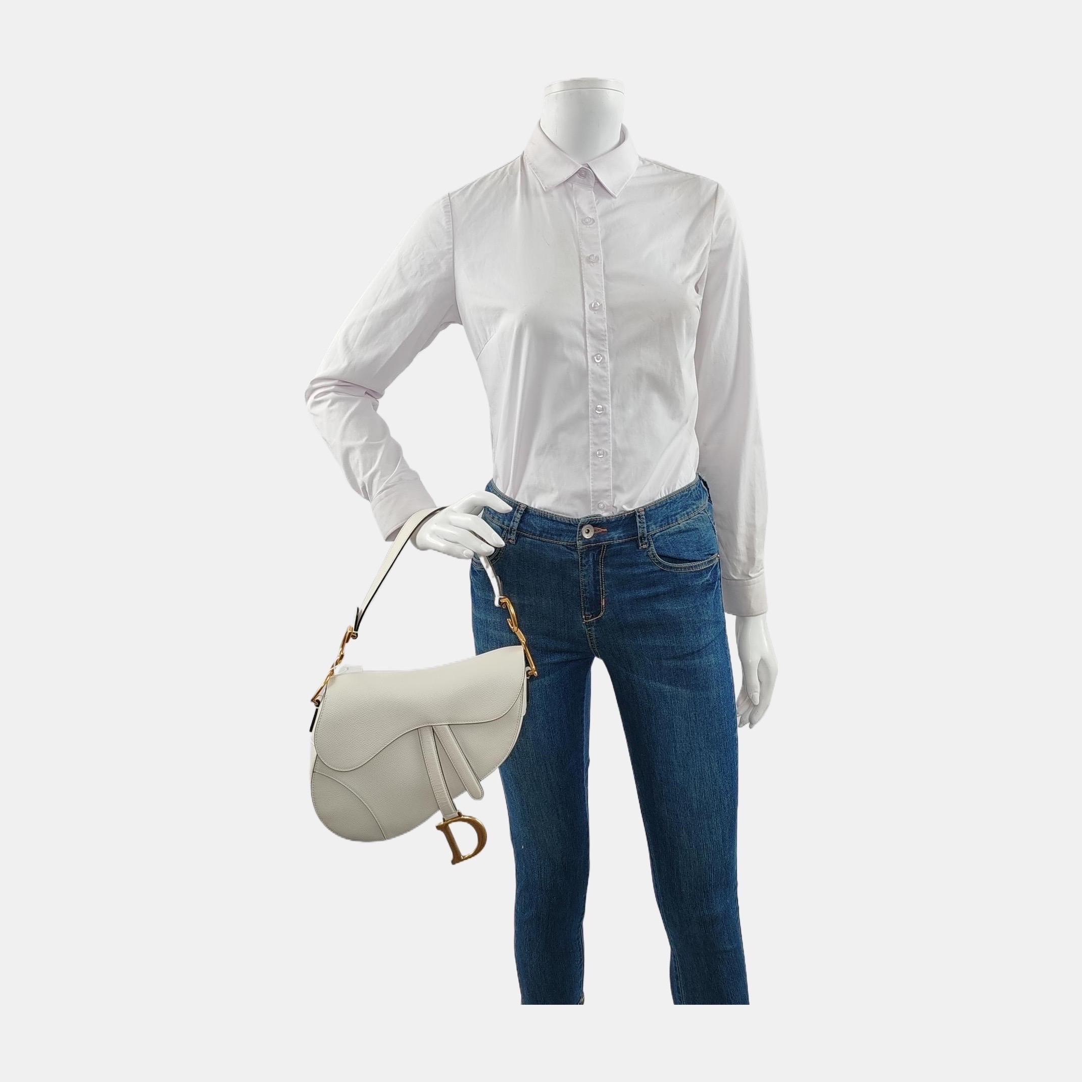 Gray Dior Saddle Medium White Grained Leather Gold Hardware