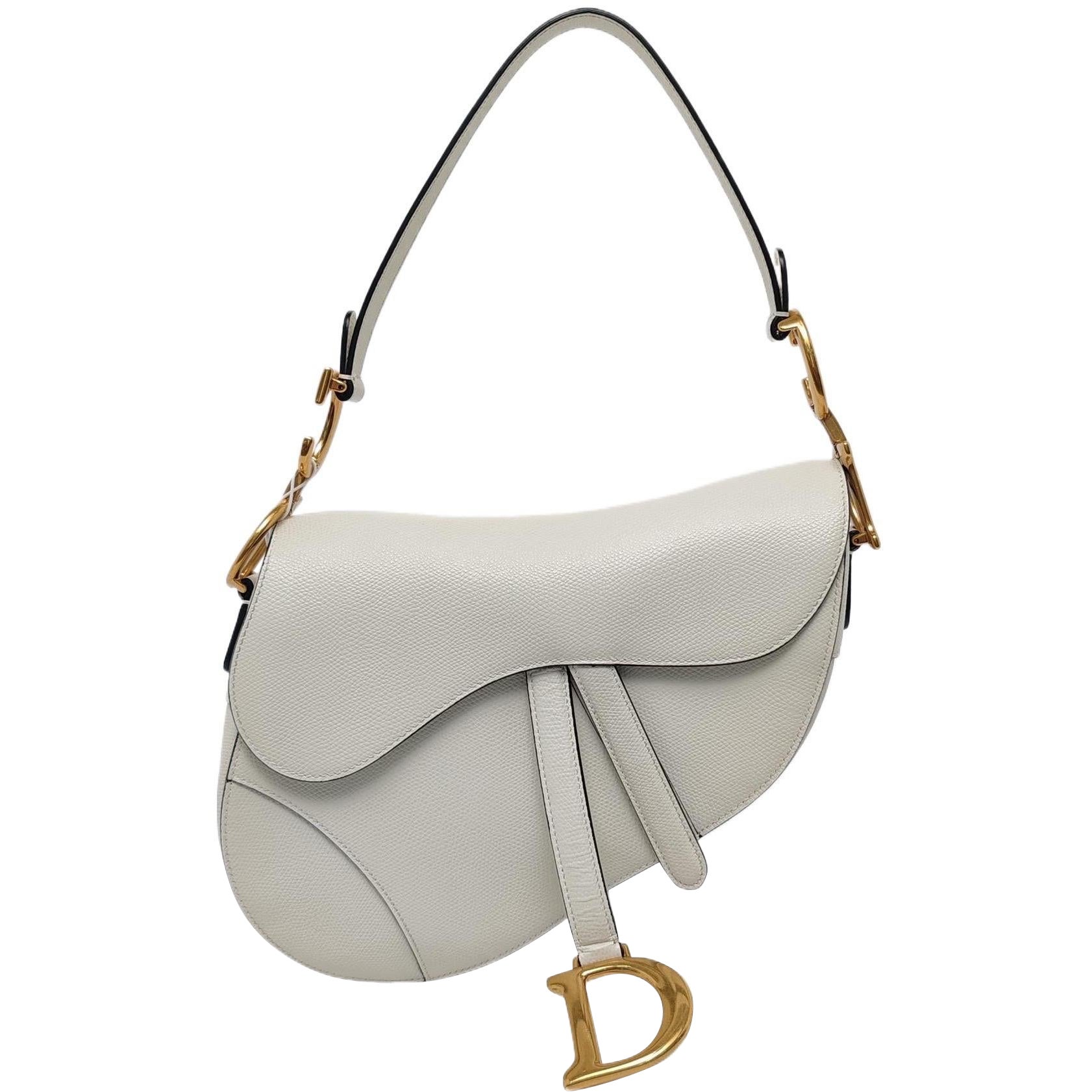 Dior Saddle Medium White Grained Leather Gold Hardware