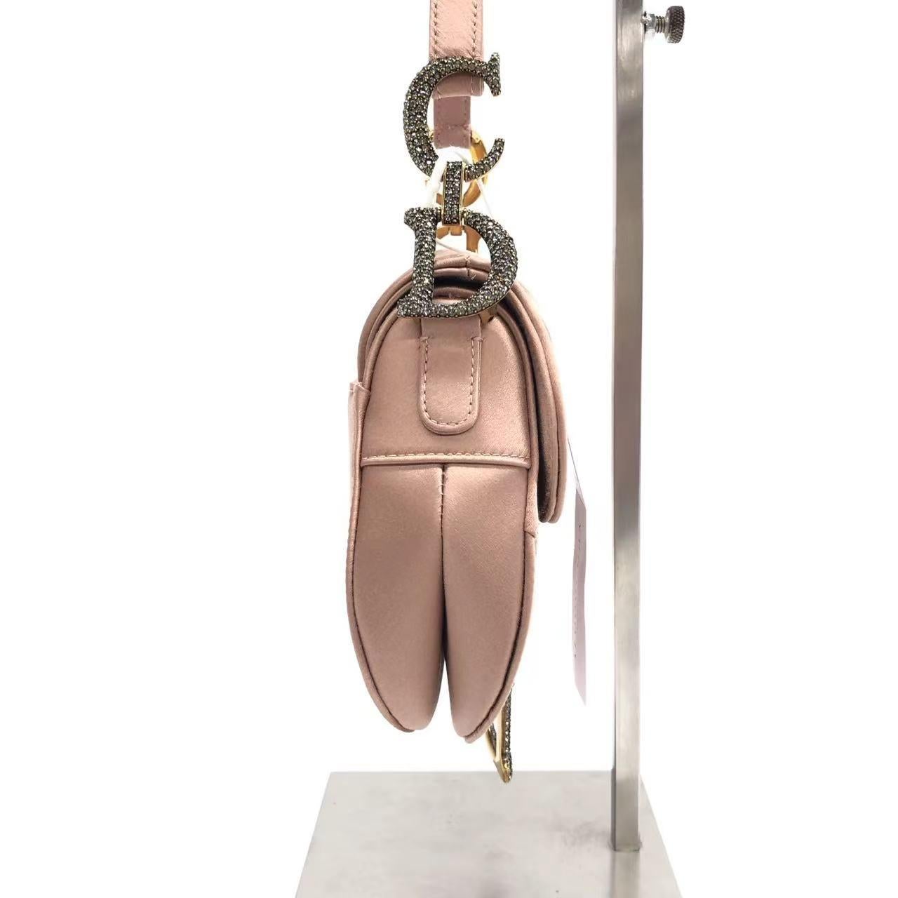 Brown Dior Saddle Mini 2019 Silk Pink with Crystal Buckle Handbag For Sale