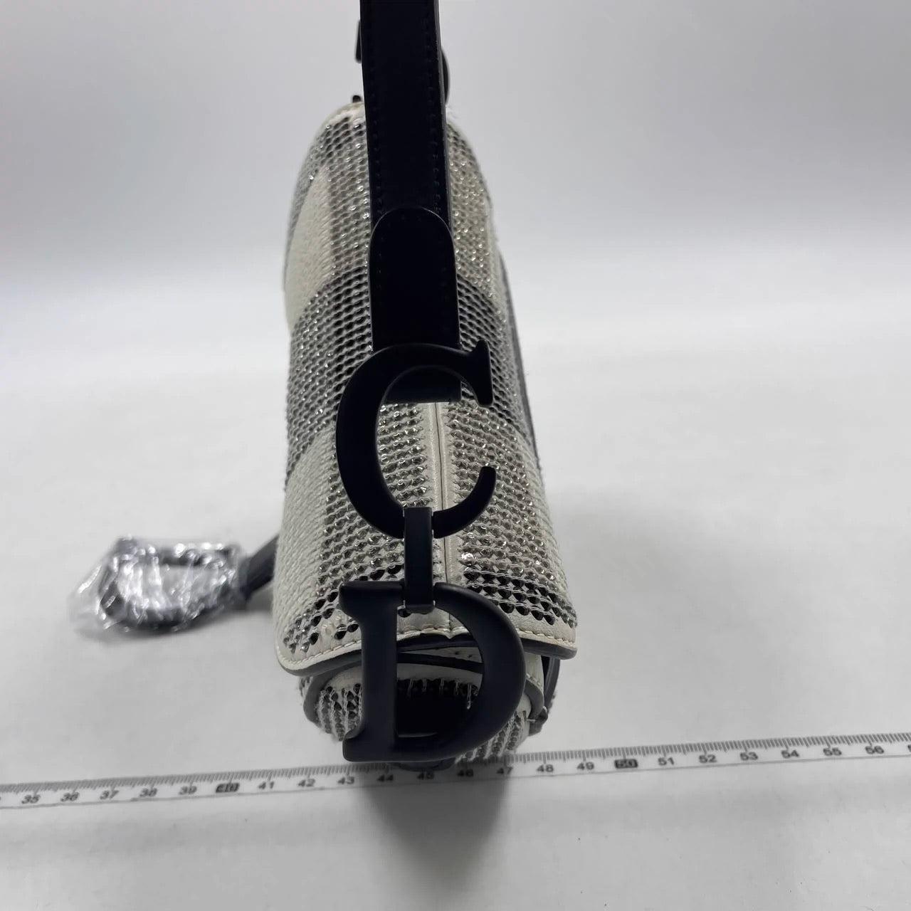 Gray Dior Saddle Mini Beaded Black and White checkered Pattern