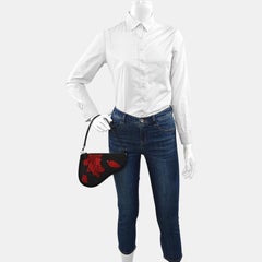 Dior Saddle Mini Classic Schwarz Nylon Rot Blumenstickerei Clutch Bag