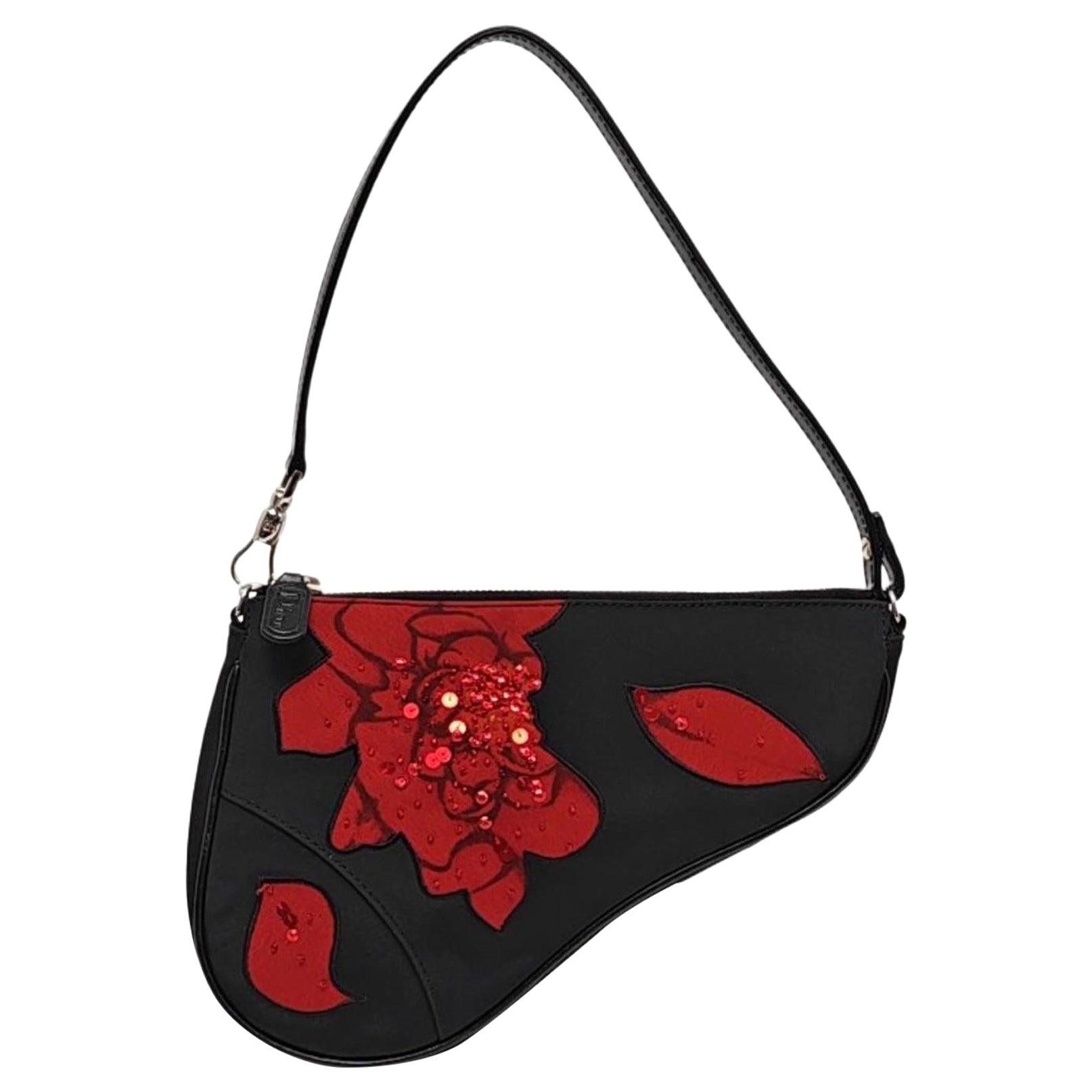 Dior Saddle Mini Classic Nero Nylon Rosso Pochette con ricamo floreale