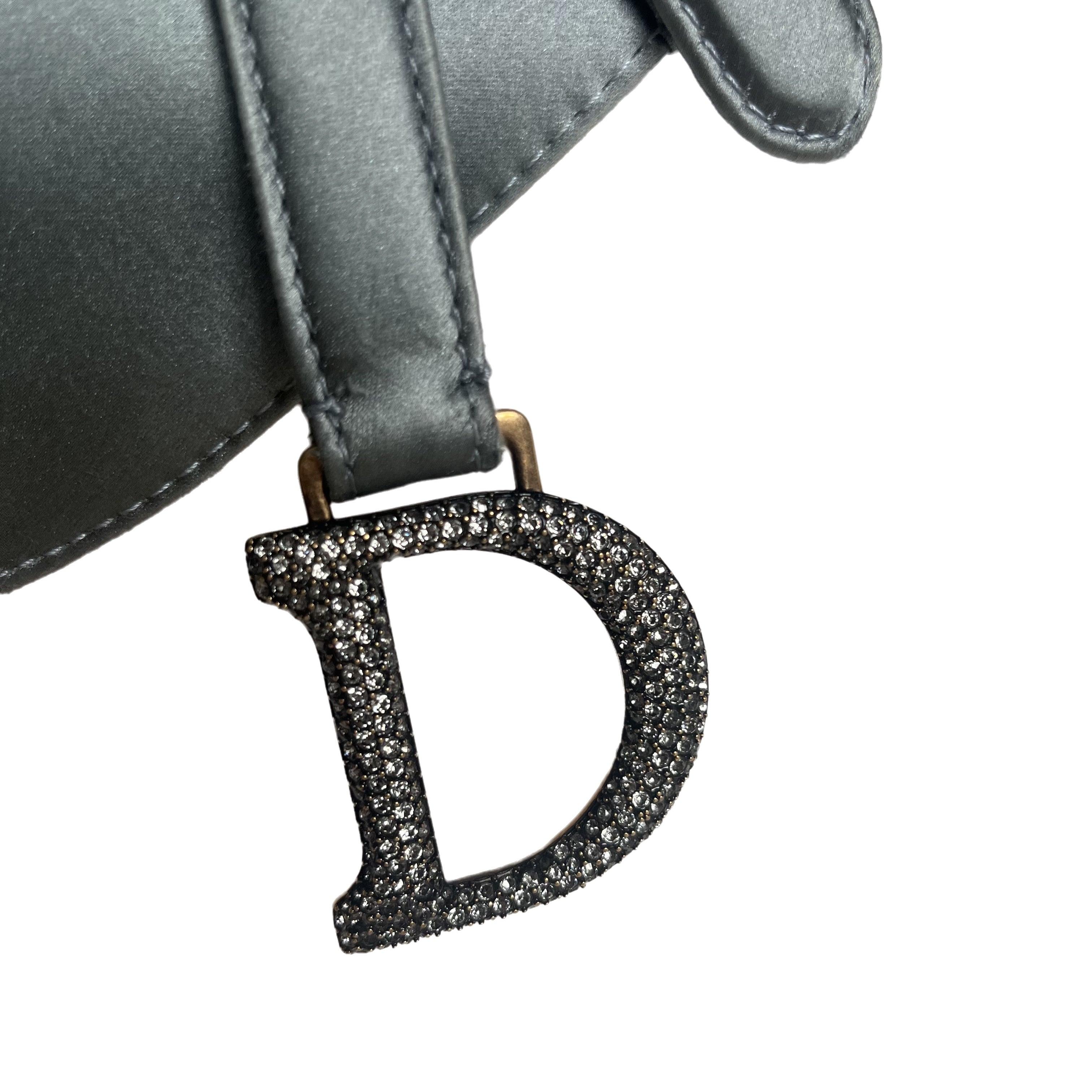 Women's Dior Saddle Mini Silk Blue Grey with Crystal Embedded Buckles