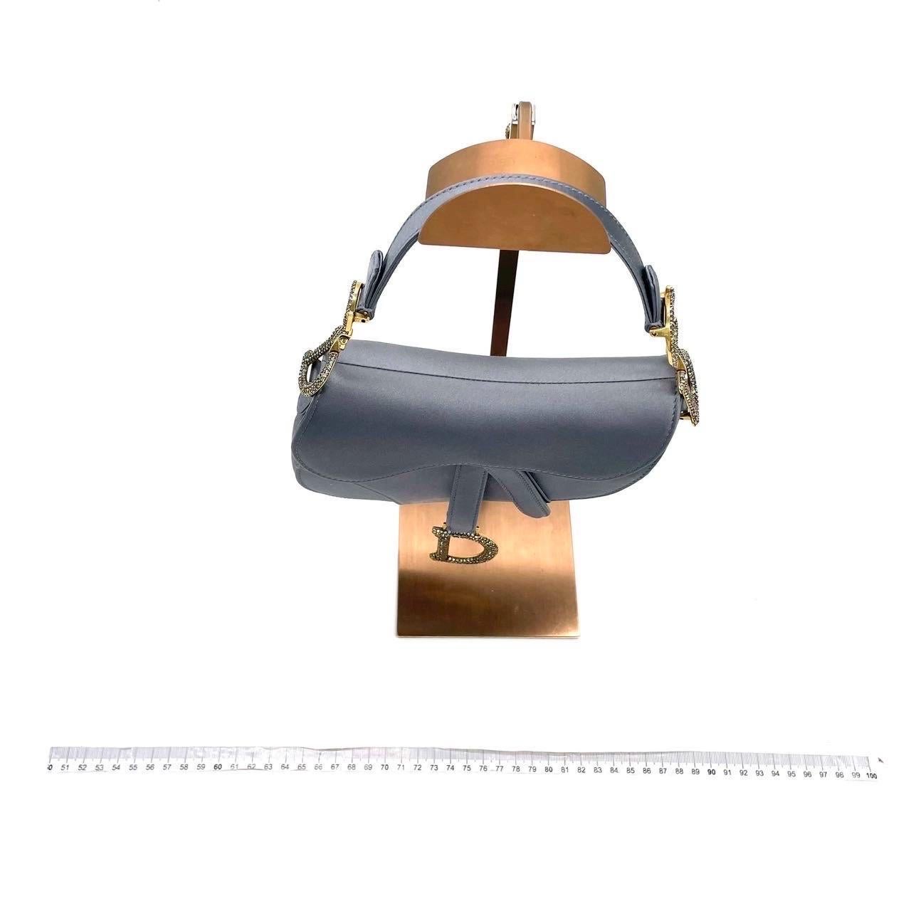 Dior Saddle Mini Silk Blue Grey with Crystal Embedded Buckles en vente 1