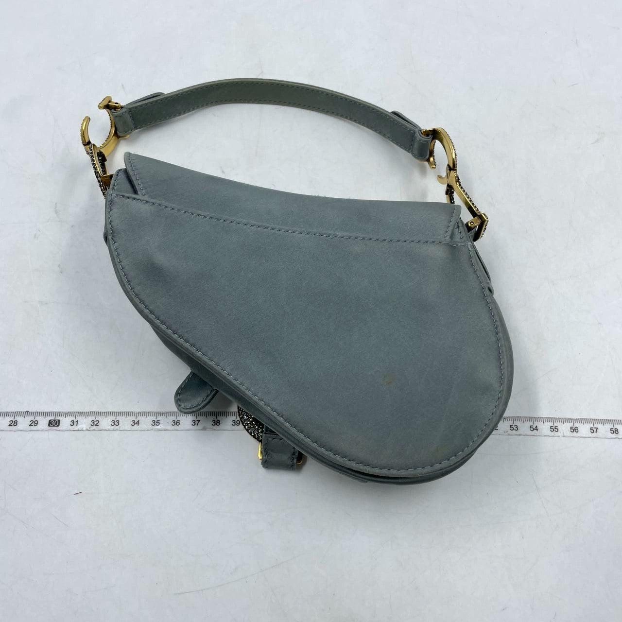 Dior Saddle Mini Silk Blue Grey with Crystal Embedded Buckles 4