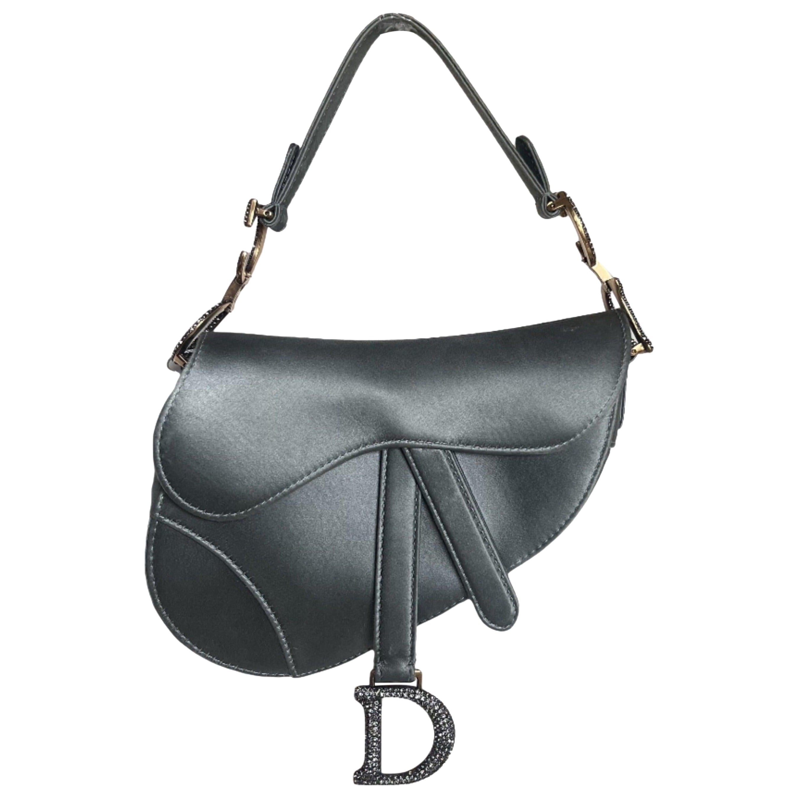 Dior Saddle Mini Silk Blue Grey with Crystal Embedded Buckles