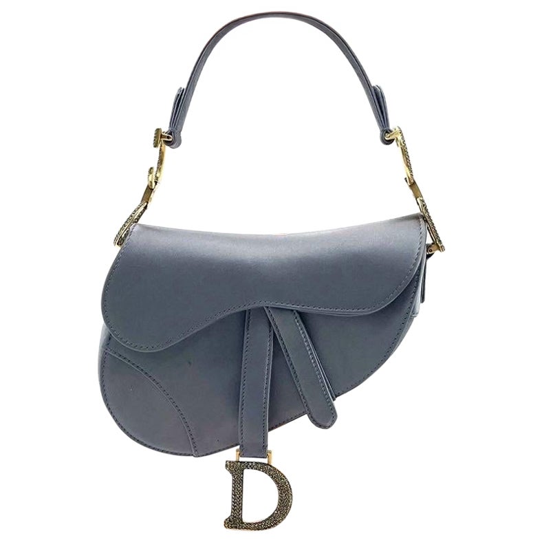 Dior Saddle Mini in seta blu e grigia con fibbie incastonate in cristallo in vendita