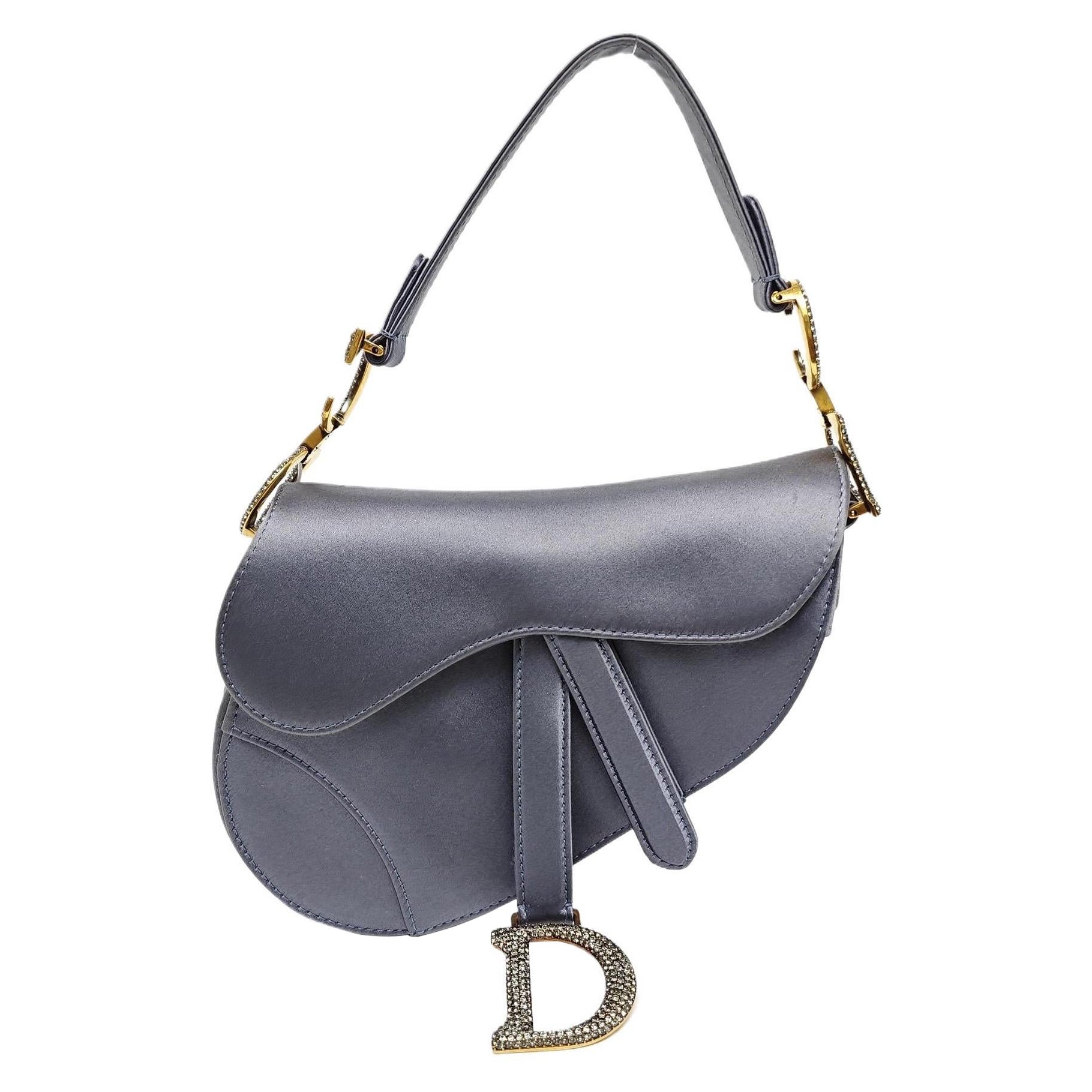 Dior Saddle Mini Silk Blue Grey with Crystal Embedded Buckles