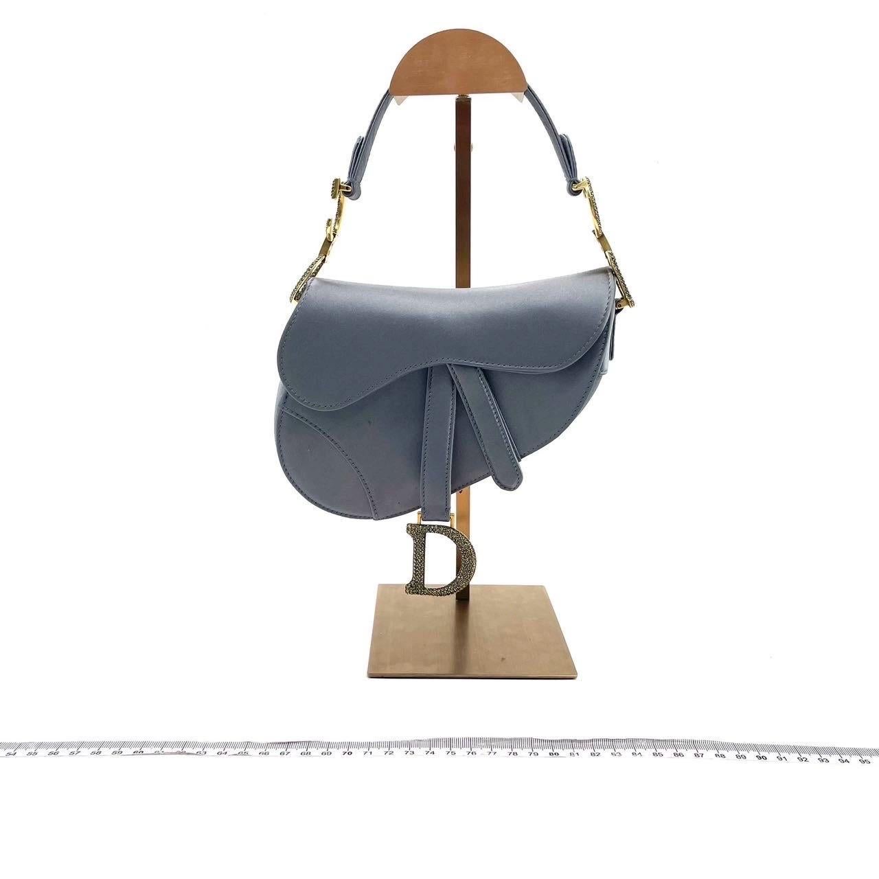 Dior Saddle Mini Silk Blue Grey with Crystal Embedded Buckles en vente