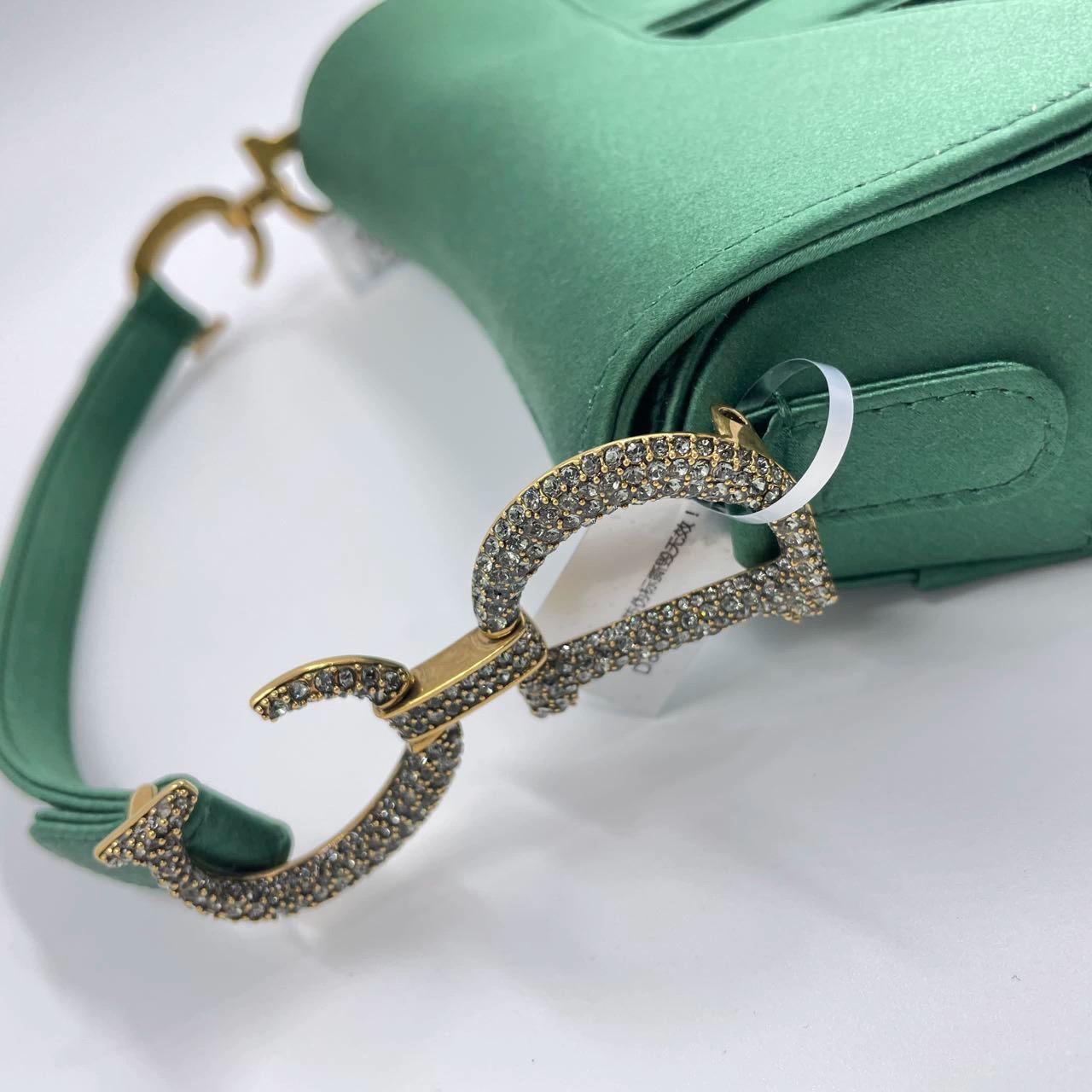 Dior Saddle Mini Silk Emerald Green with crystals For Sale 11