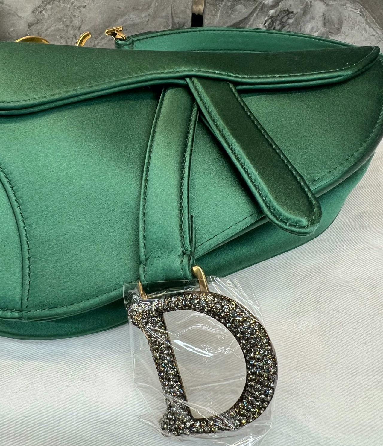 Dior Saddle Mini Silk Emerald Green with crystals For Sale 14