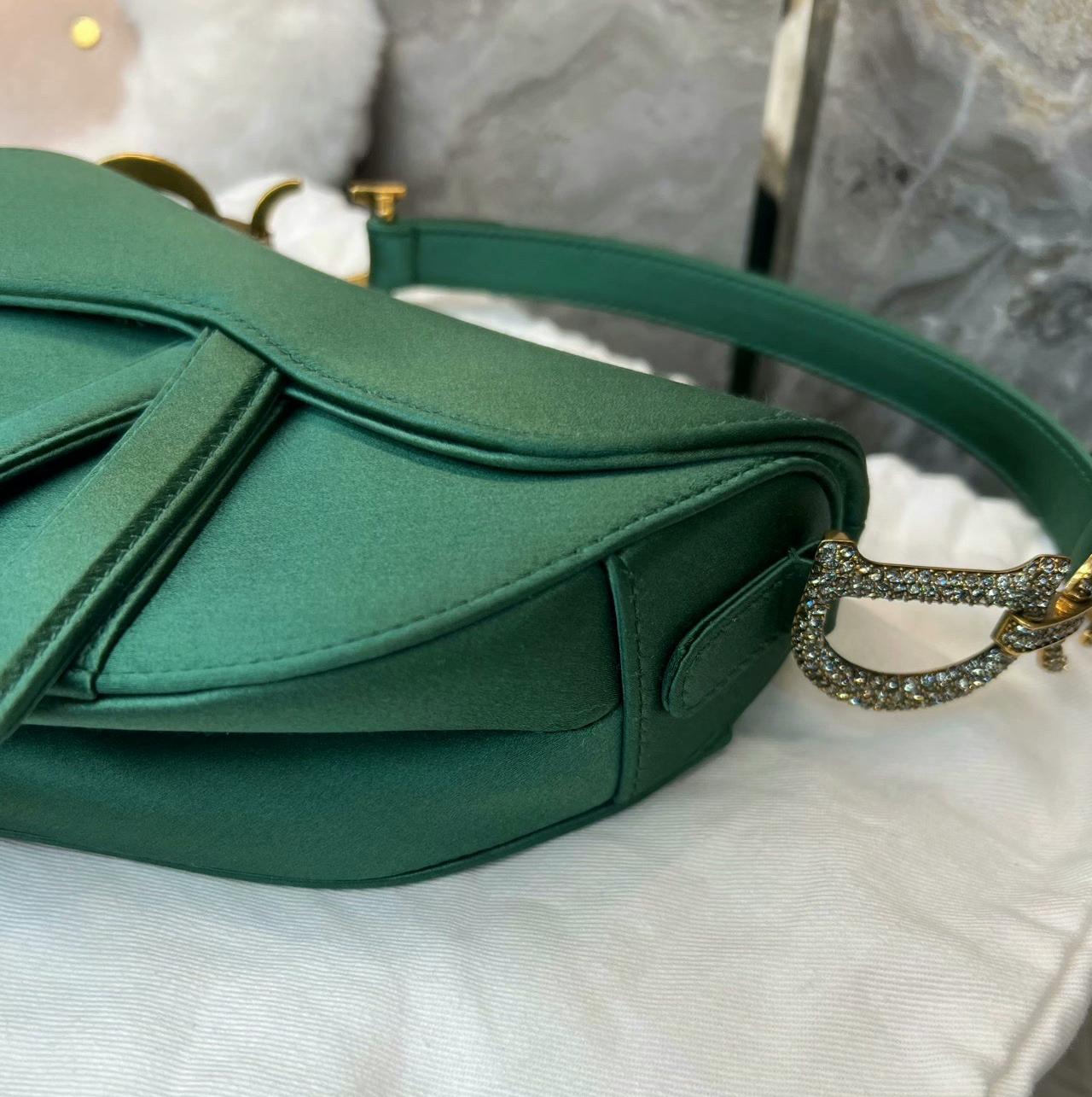 Dior Saddle Mini Silk Emerald Green with crystals For Sale 15