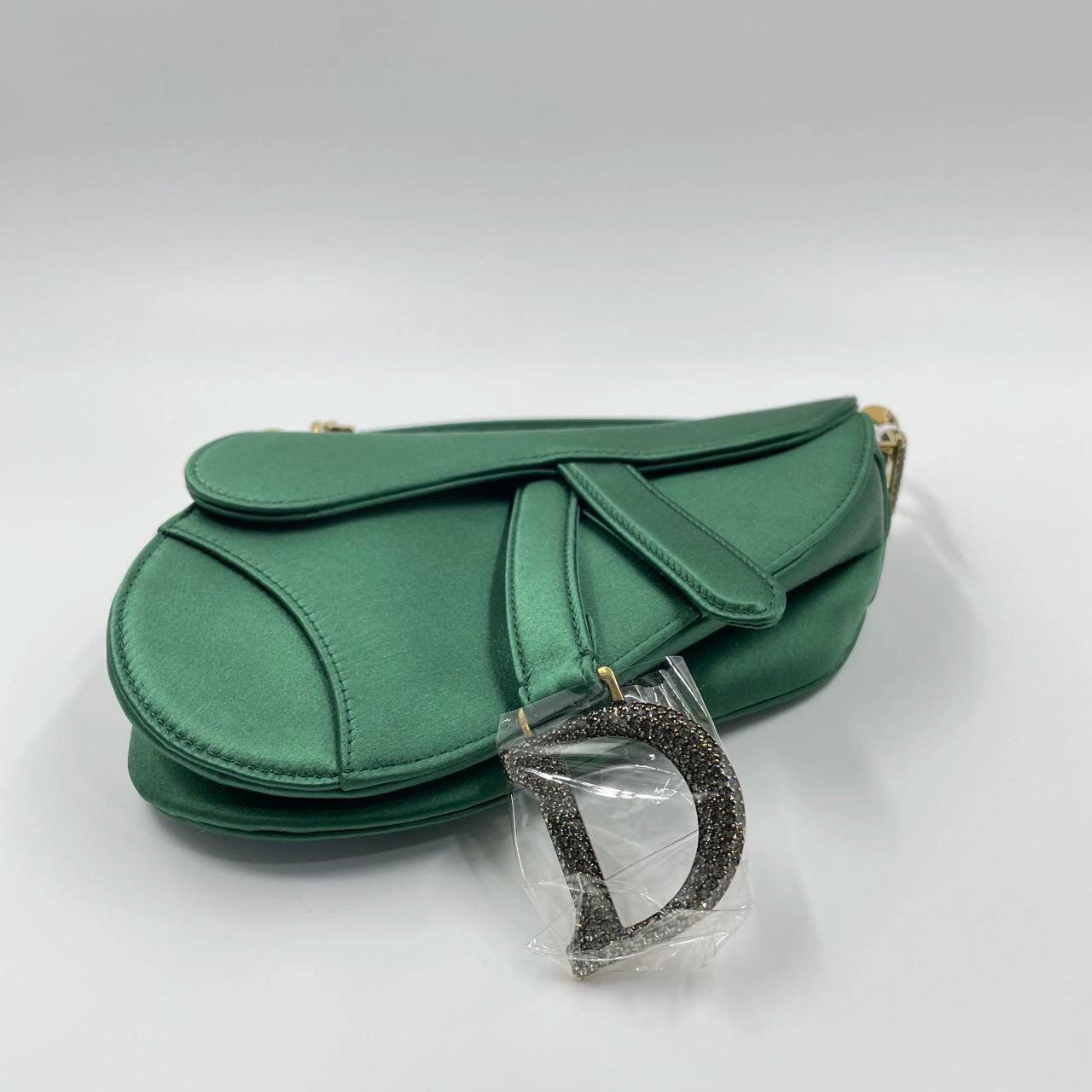 Dior Saddle Mini Silk Emerald Green with crystals For Sale 2