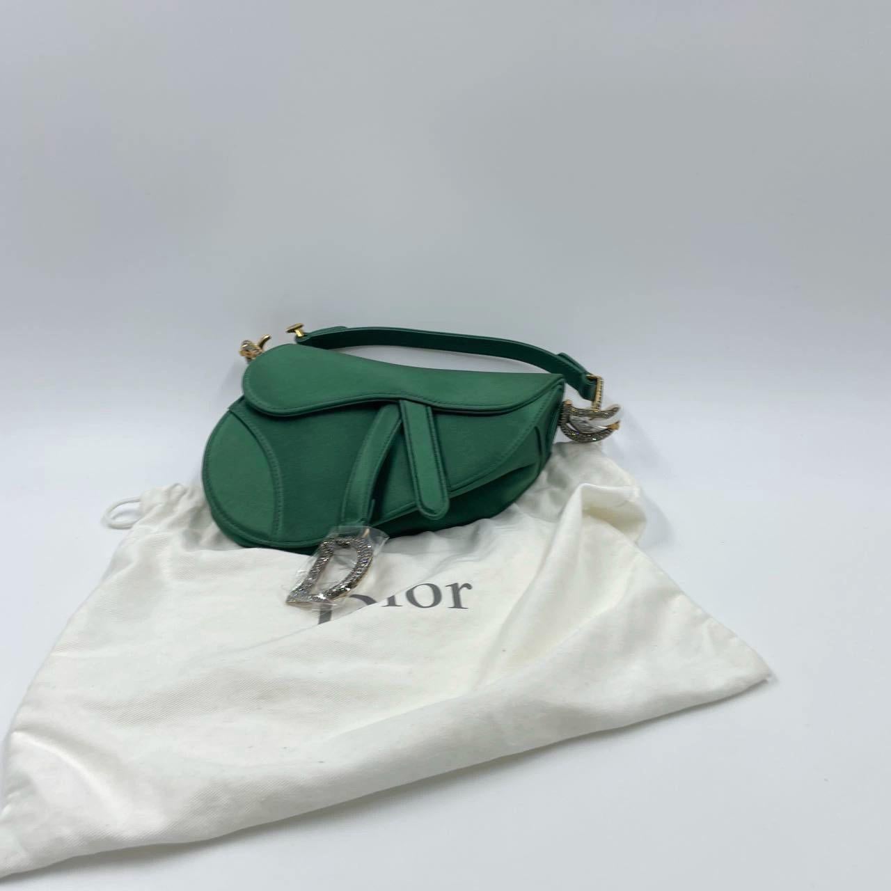 Dior Saddle Mini Silk Emerald Green with crystals For Sale 3