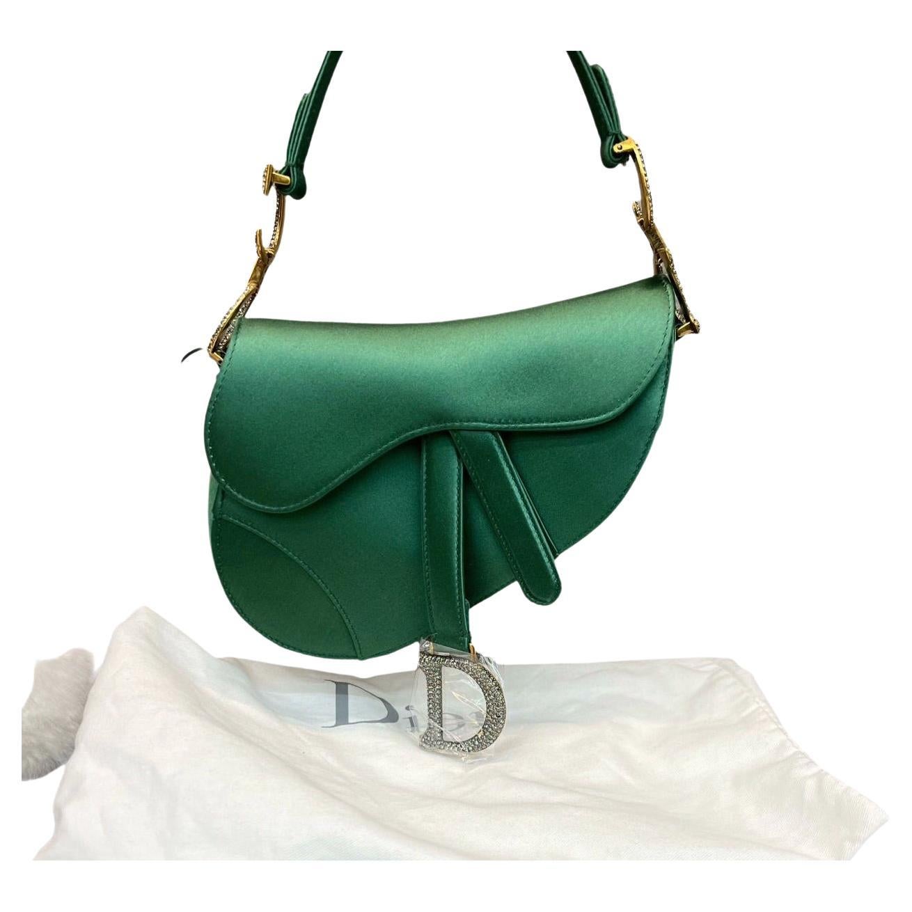 Dior Saddle Mini Silk Emerald Green with crystals For Sale