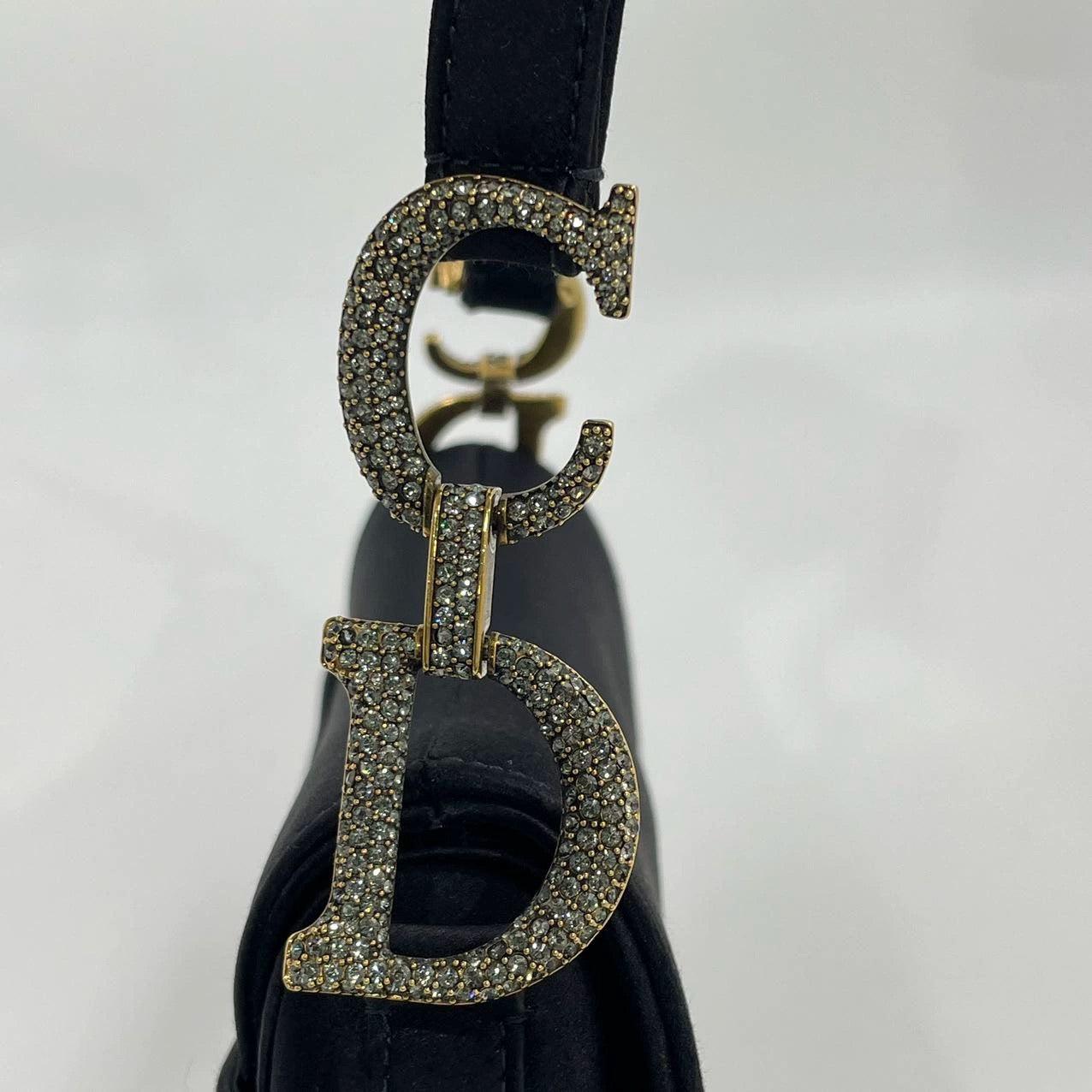 Dior Saddle Mini Silk Handbag Black with crystals For Sale 12