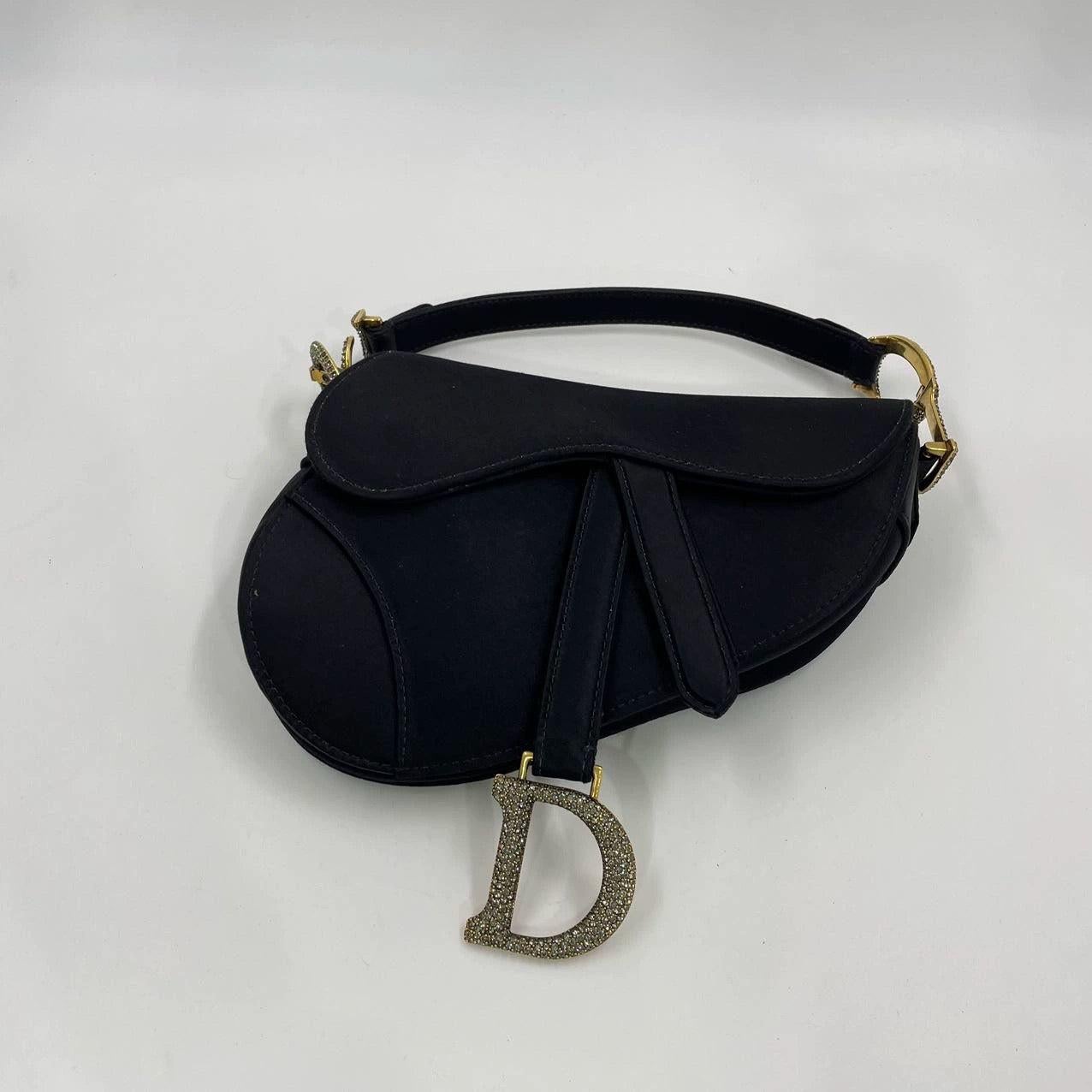 Dior Saddle Mini Silk Handbag Black with crystals In Good Condition For Sale In AUBERVILLIERS, FR