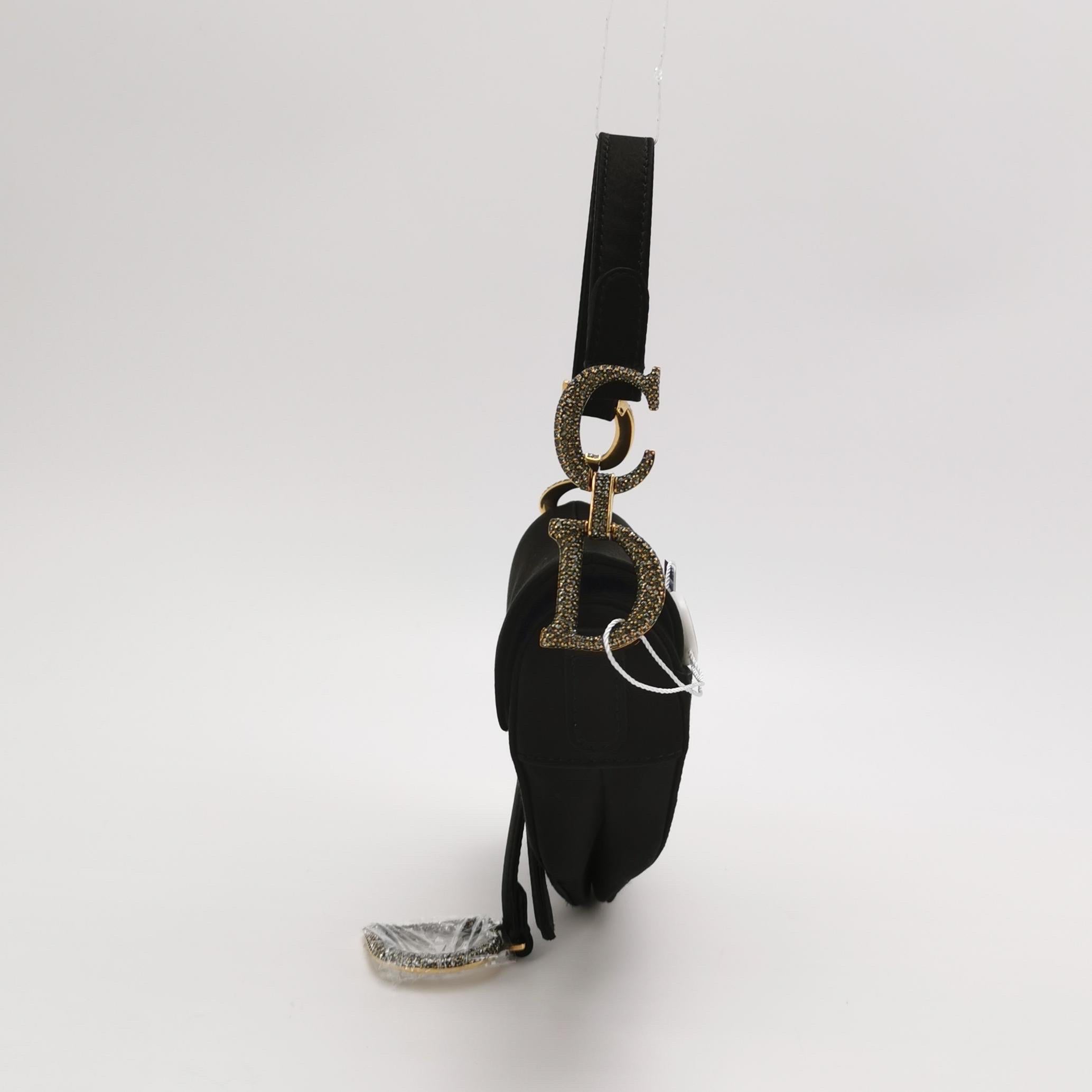 Dior Saddle Mini Silk Handbag Black with crystals In Excellent Condition For Sale In AUBERVILLIERS, FR