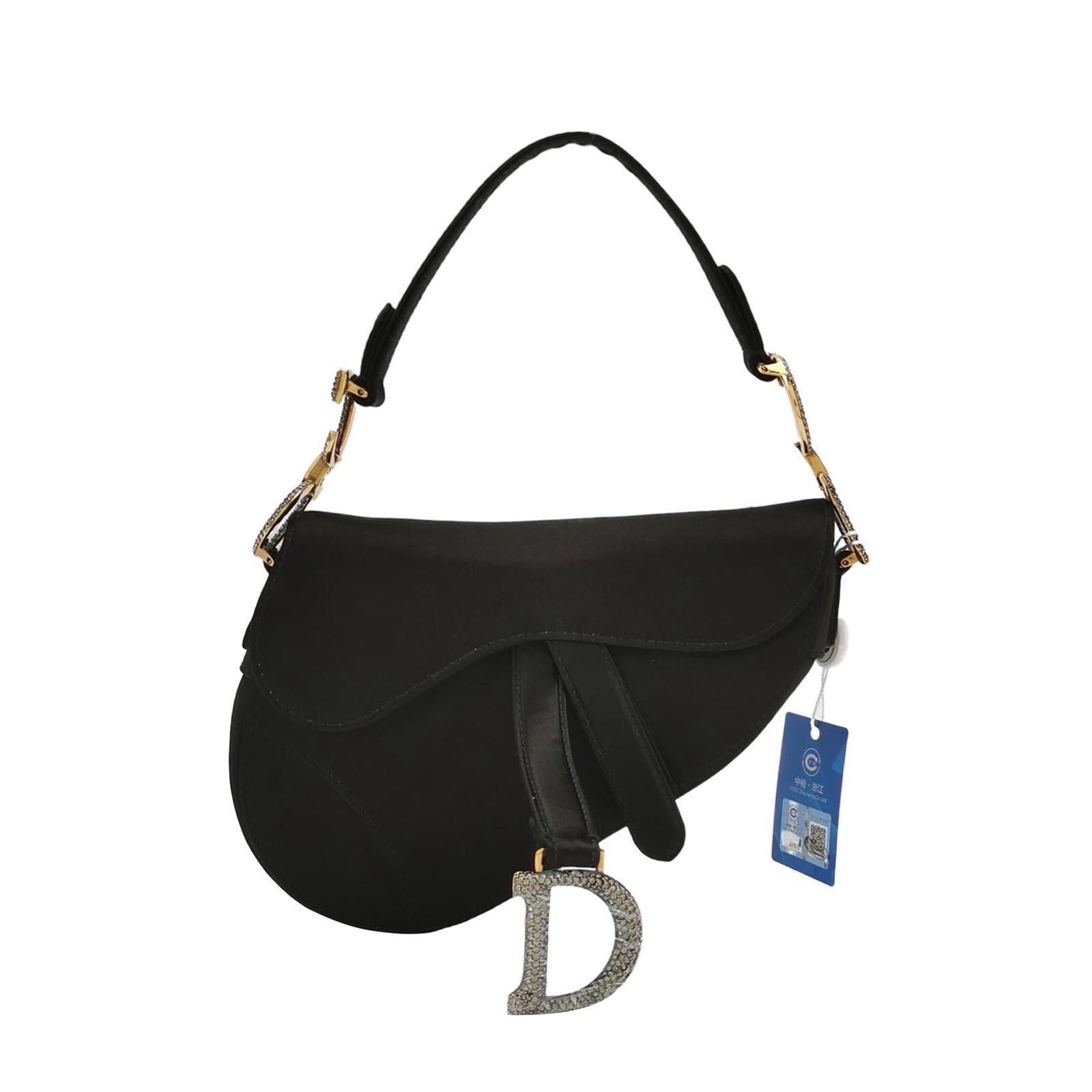 Dior Saddle Mini Silk Handbag Black with crystals For Sale