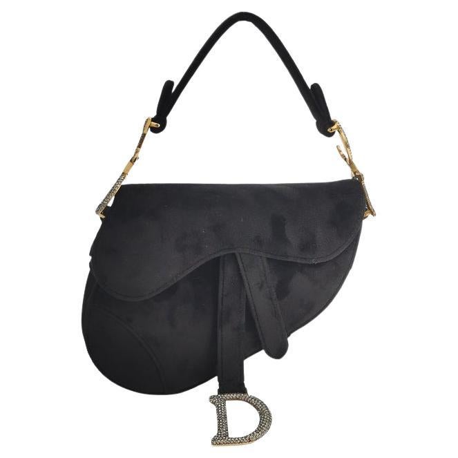Dior Saddle Mini Velvet Handbag Black with Crystals