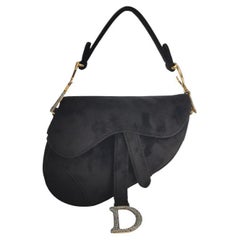 Dior Saddle Mini Velvet Handbag Black with Crystals