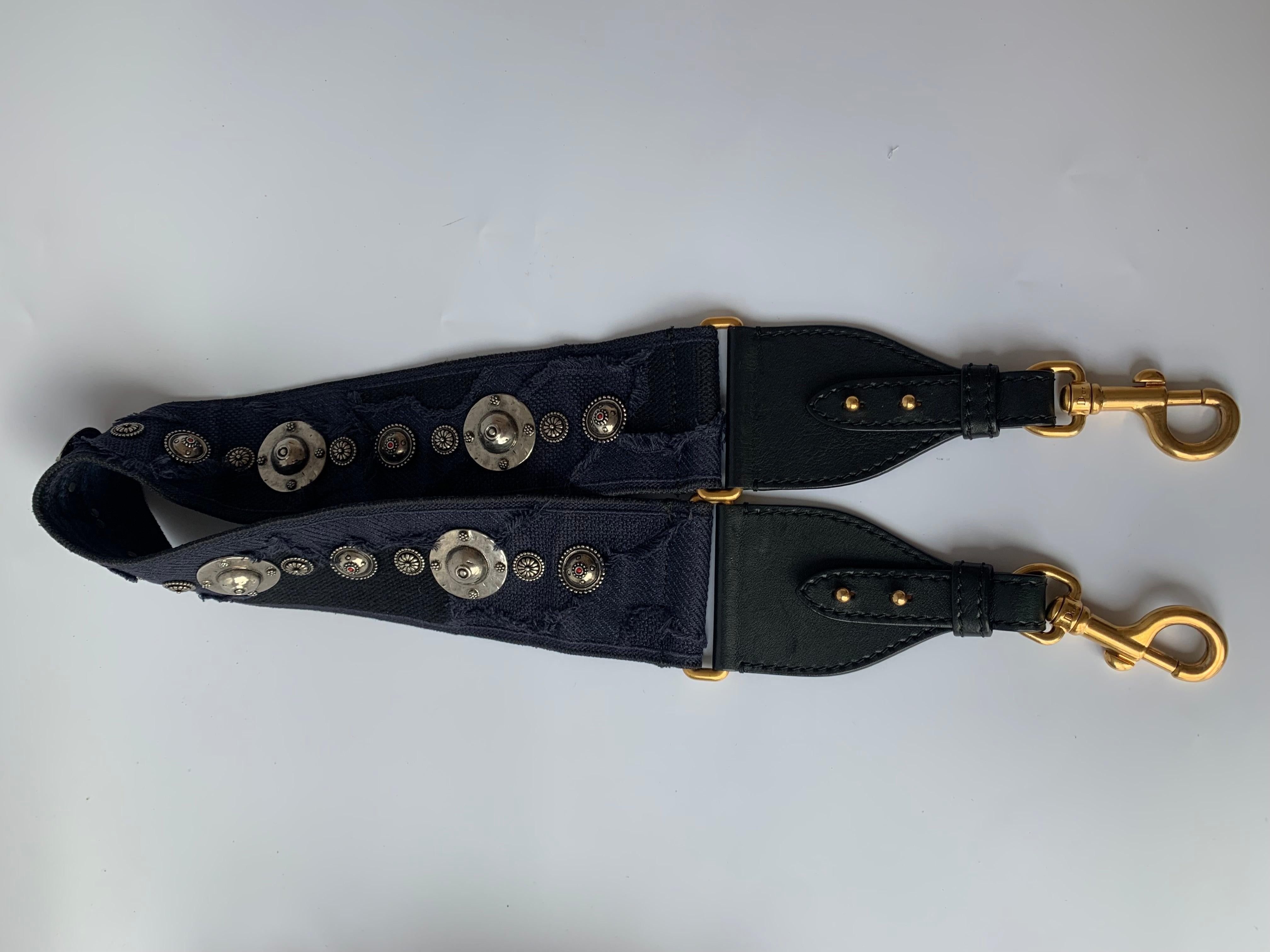 Dior Saddle Strap Navy canvas with Dior Logo and Metal
 These are professional photos of the actual bag offered by Luxbags.
 Can match any Dior handbag
 Like new;Main material color: Navy;Hardware color: Gold;;;;