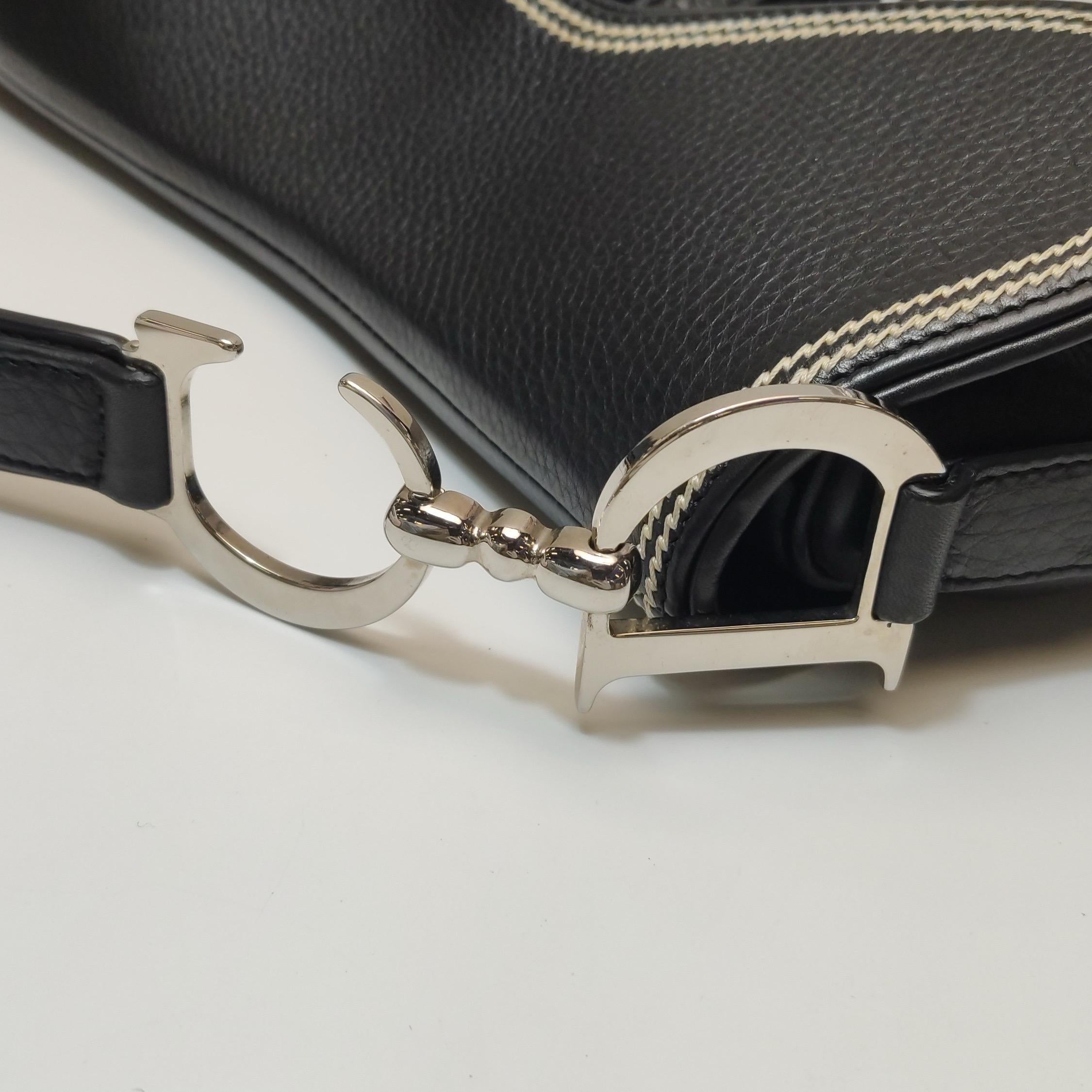 Dior Saddle Vintage Black Calfskin Leather With White Stitching Silver Hardware For Sale 8