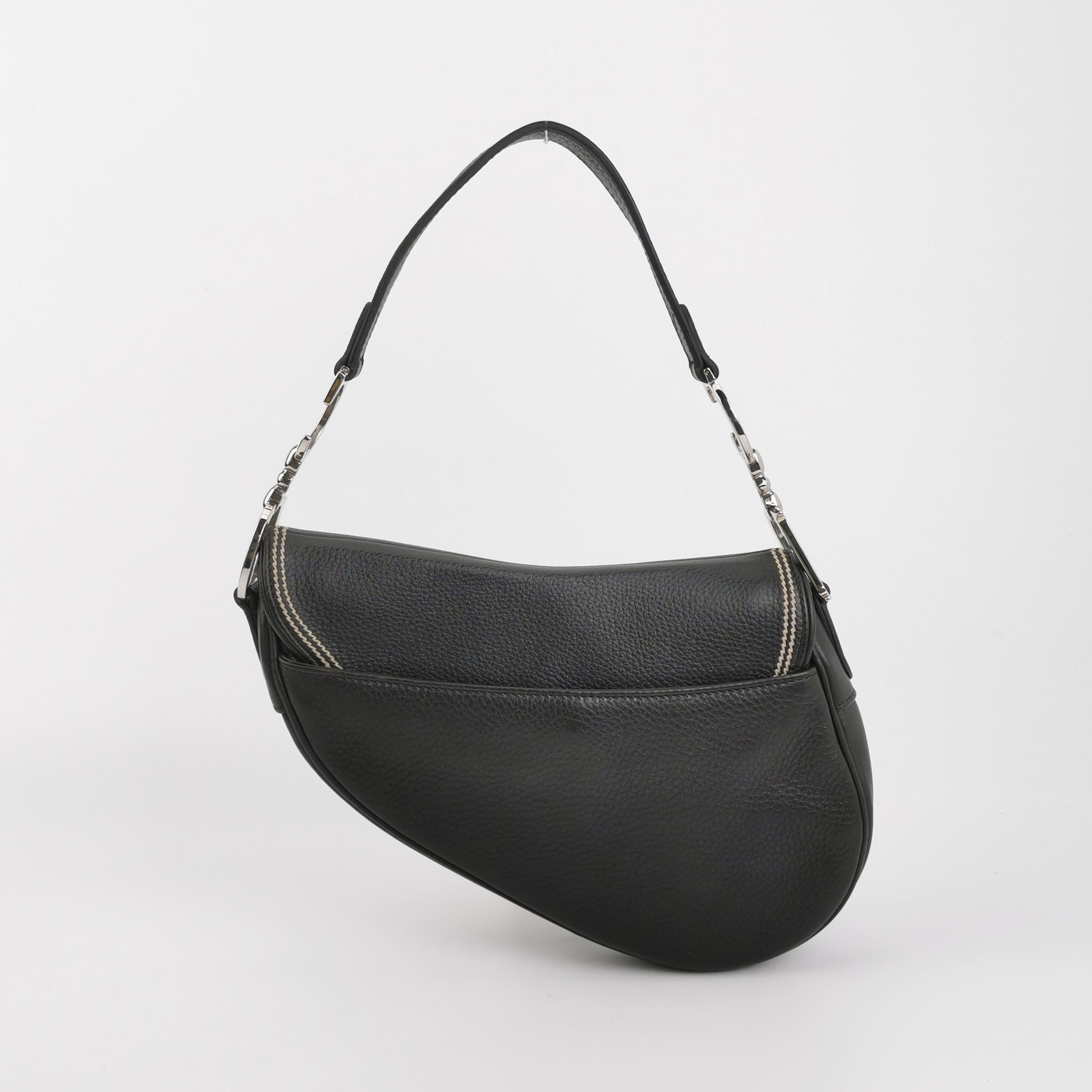Dior Saddle Vintage Black Calfskin Leather With White Stitching Silver Hardware For Sale 1