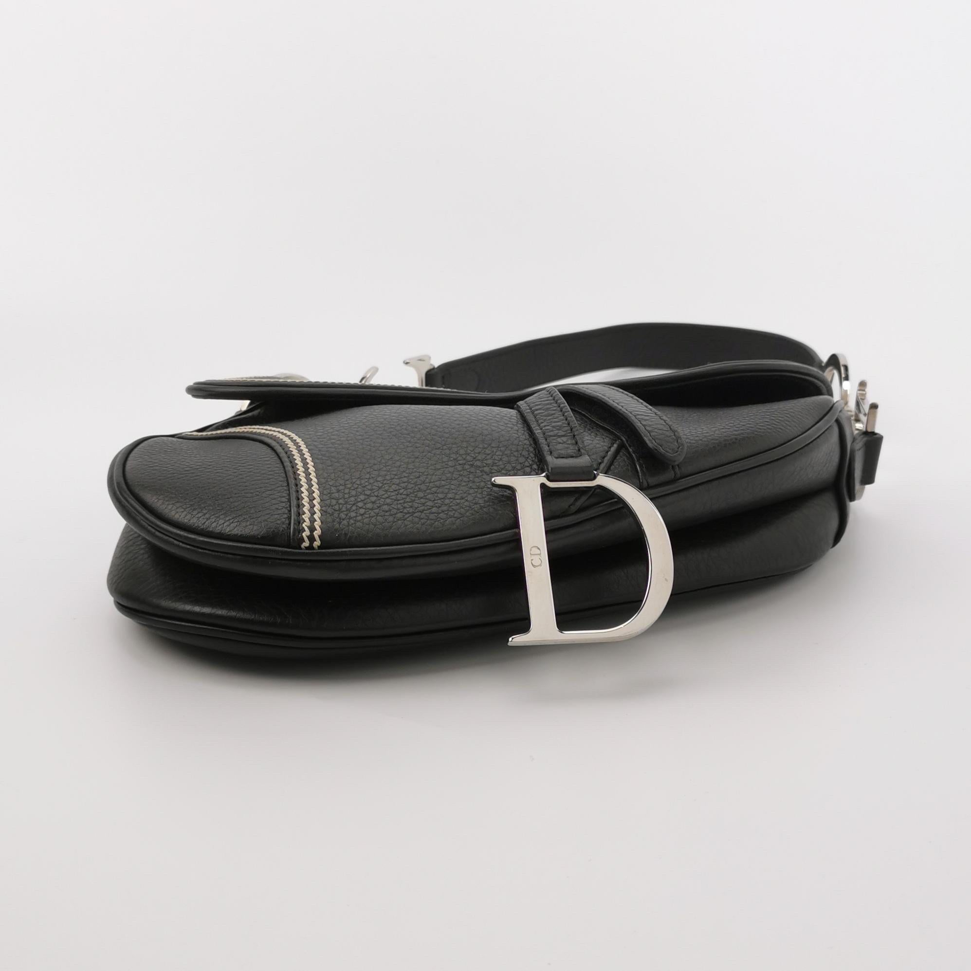 Dior Saddle Vintage Black Calfskin Leather With White Stitching Silver Hardware For Sale 3