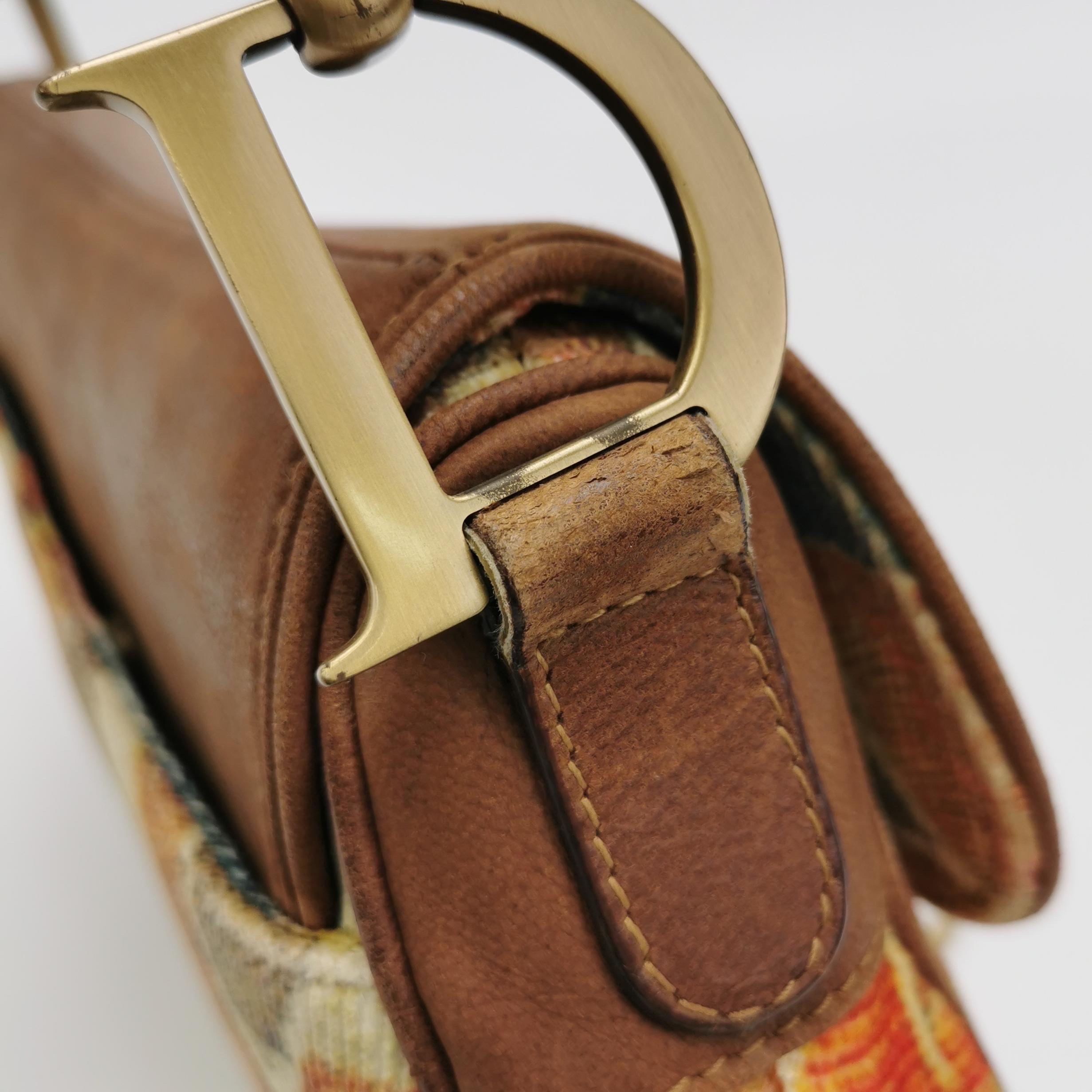 Dior Saddle Vintage Brown Leather Printed Velvet Gold Hardware Shoulder Bag For Sale 8