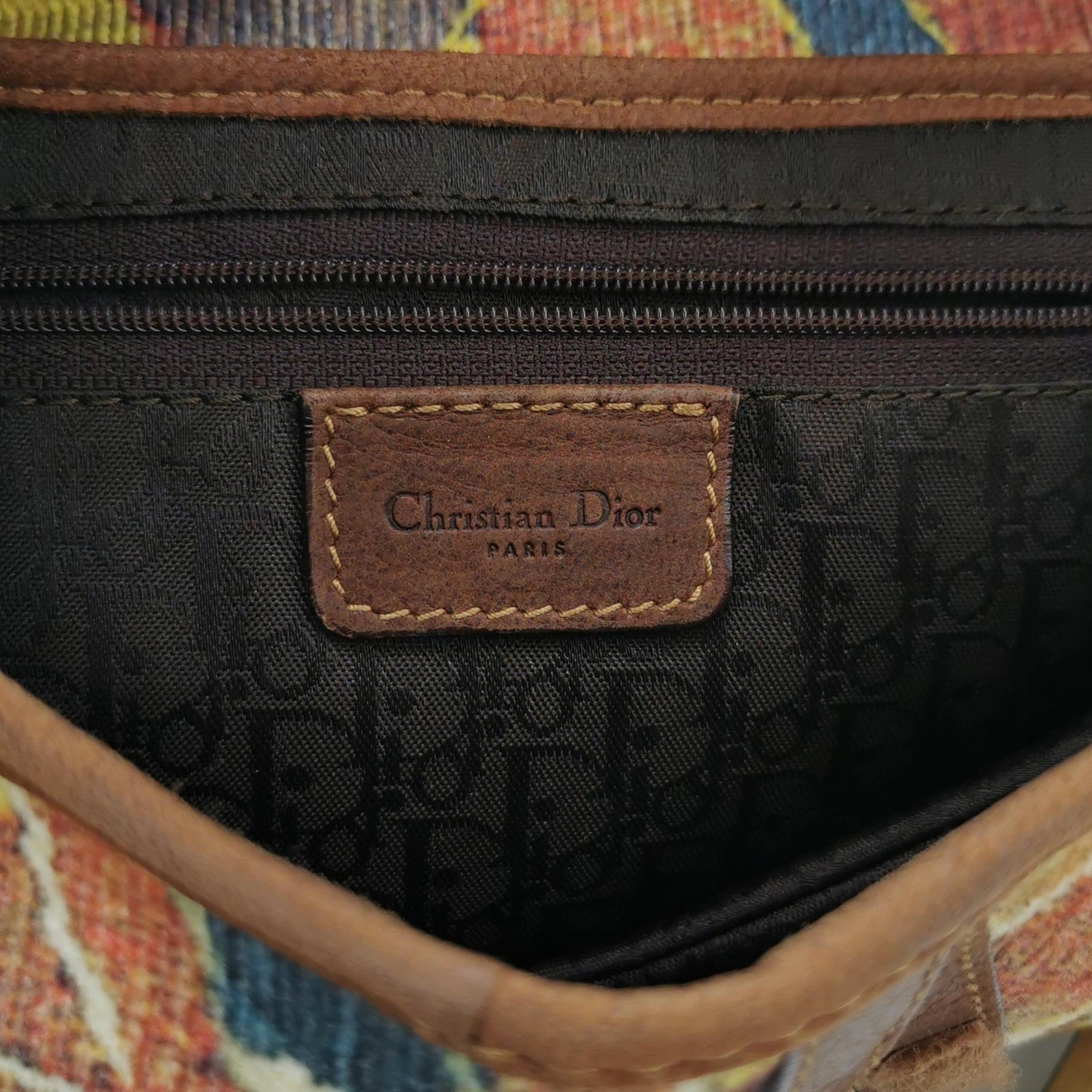 Dior Saddle Vintage Brown Leather Printed Velvet Gold Hardware Shoulder Bag For Sale 1