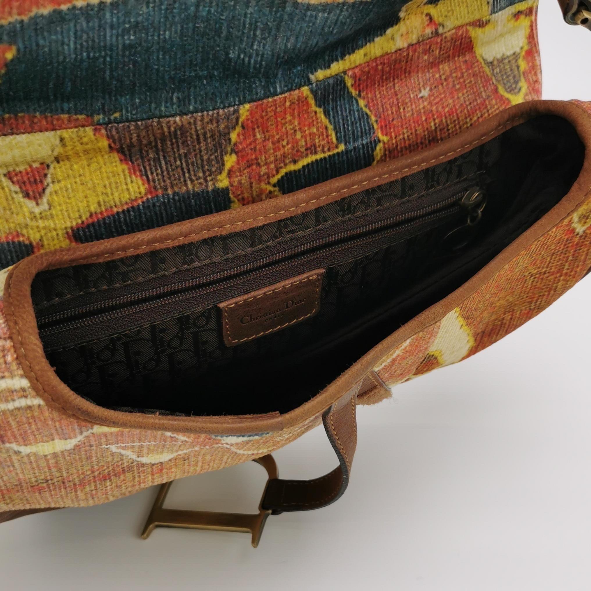 Dior Saddle Vintage Brown Leather Printed Velvet Gold Hardware Shoulder Bag For Sale 2