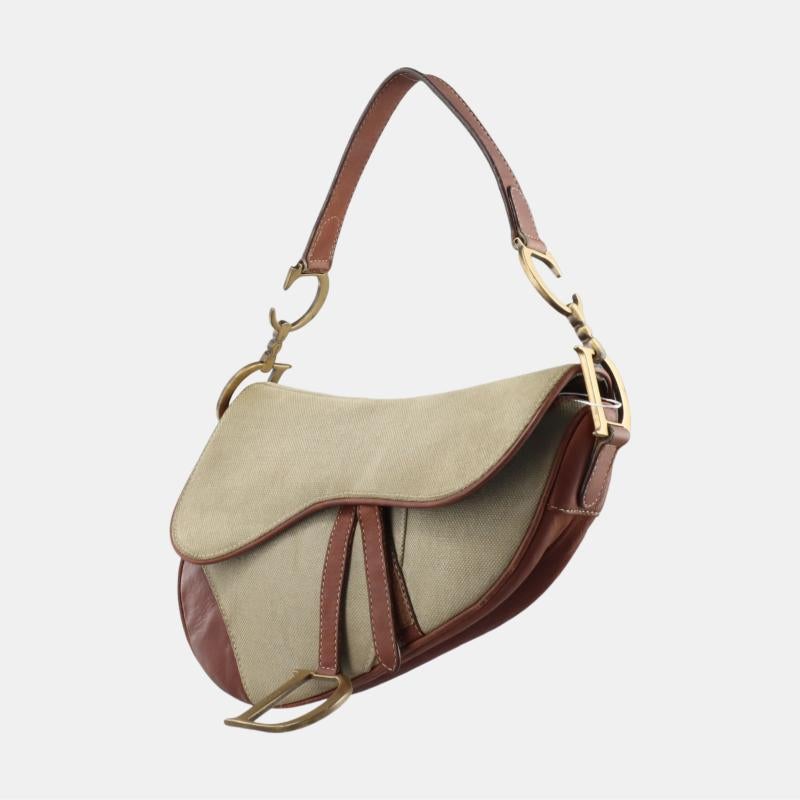 Dior Saddle Vintage Khaki Canvas with Brown Leather Gold Hardware In Good Condition For Sale In AUBERVILLIERS, FR