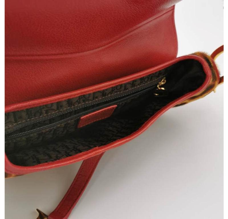 Women's Dior Saddle Vintage Leopard Print Ponyhair and Red Leather John Galliano Rare