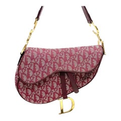 Dior Saddle Used Medium Red Burgundy Monogram Oblique Shoulder Bag 2002
