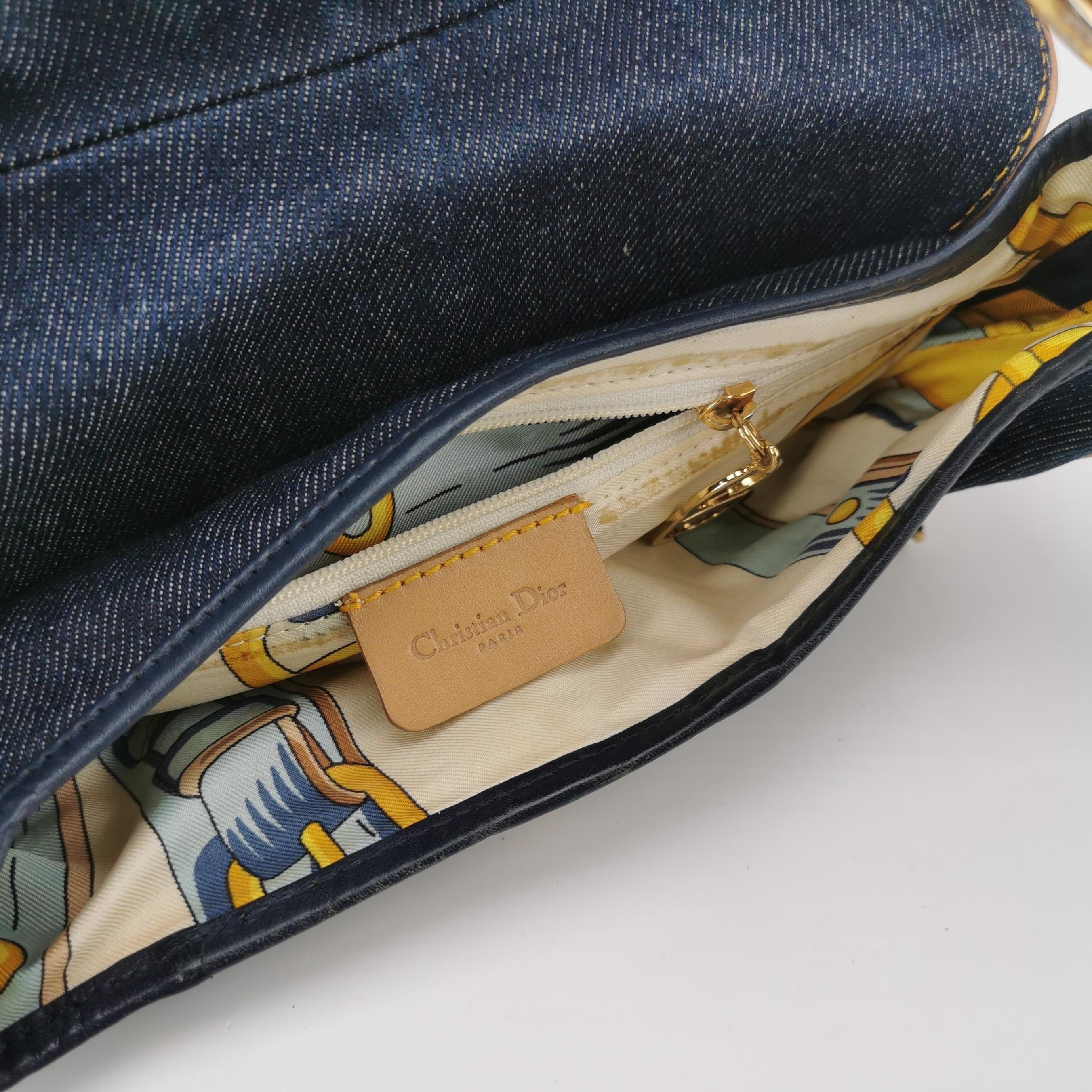 Dior Sattel Vintage Marineblaues Denim mit Seidenfutter und Lederbesatz aus Seide im Angebot 6