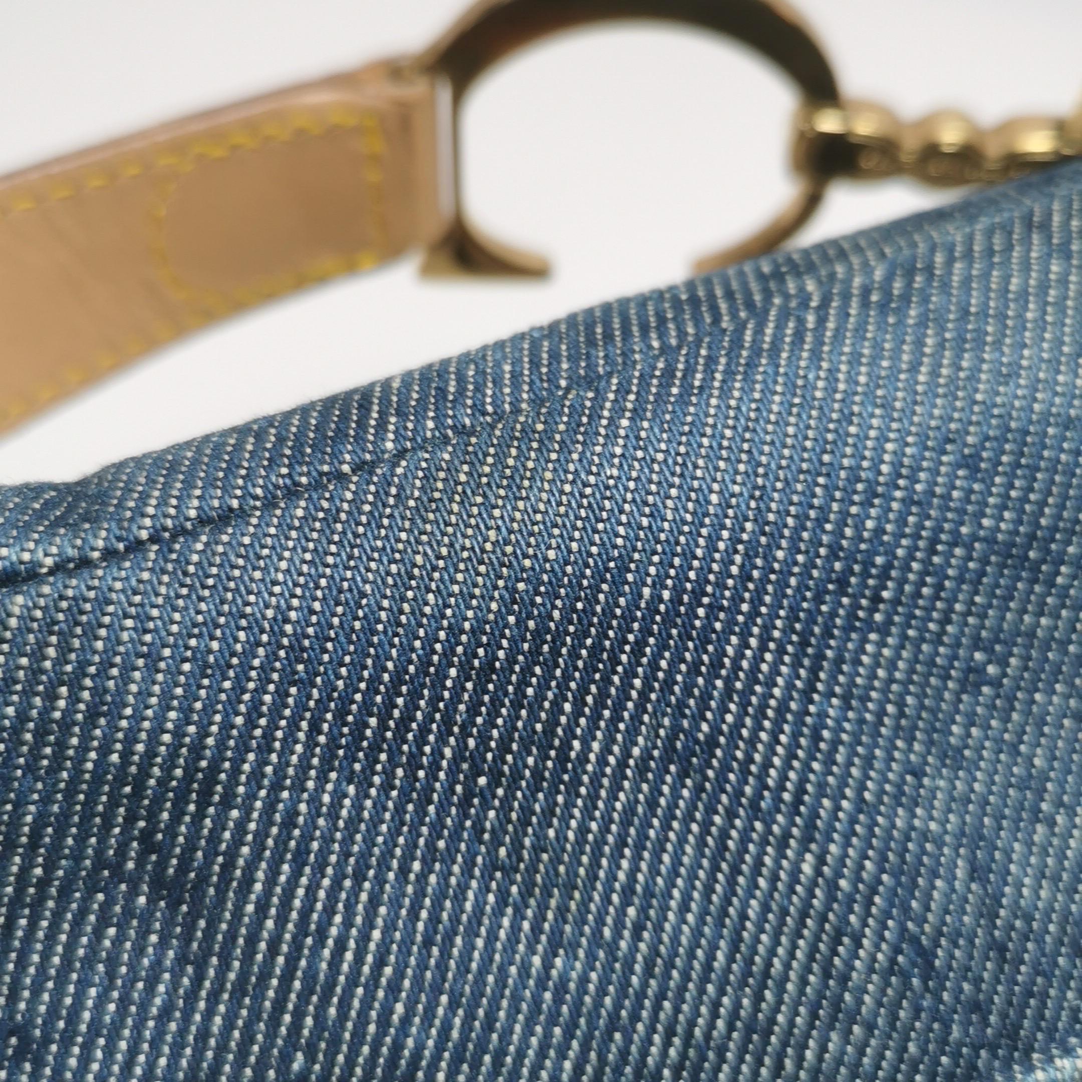 Dior Sattel Vintage Marineblaues Denim mit Seidenfutter und Lederbesatz aus Seide im Angebot 14