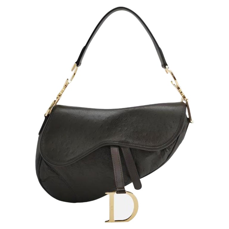 Bolso Dior Saddle Vintage de piel de avestruz marrón oscuro