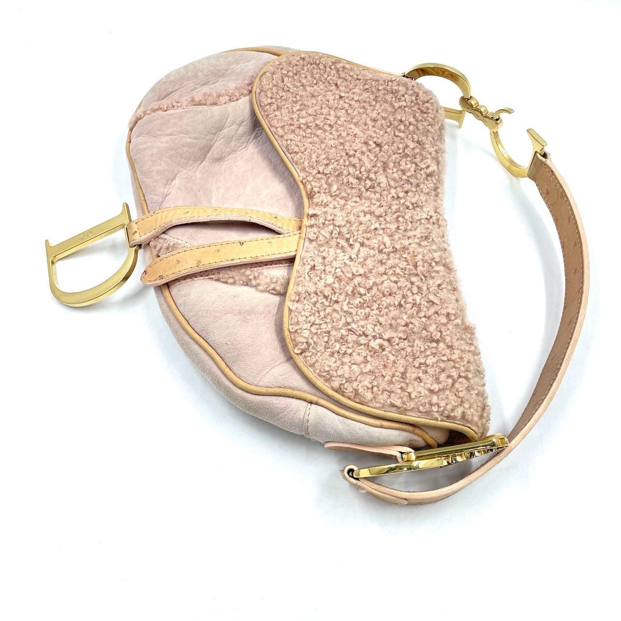 Beige Dior Saddle Vintage Shoulder Bag Medium Shearling and Ostrich Leather Pink For Sale