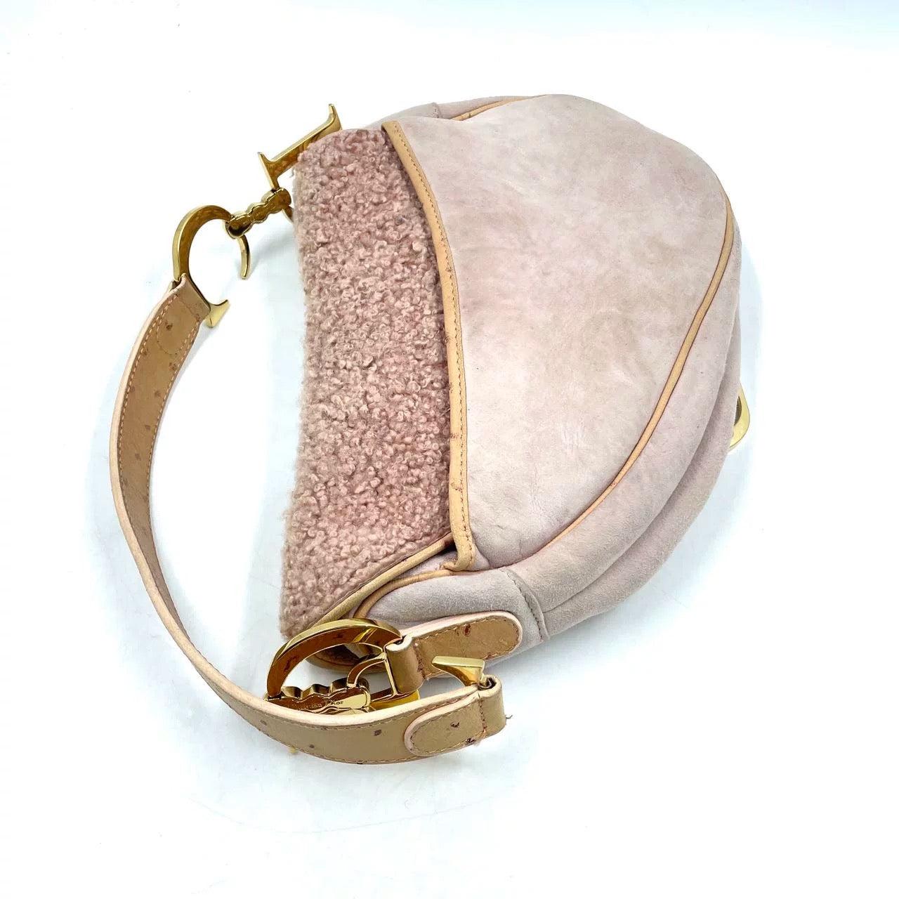 Dior Saddle Vintage Shoulder Bag Medium Shearling and Ostrich Leather Pink For Sale 1