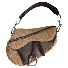 Dior Saddle Vintage Shoulder Bag Shearling Brown and While