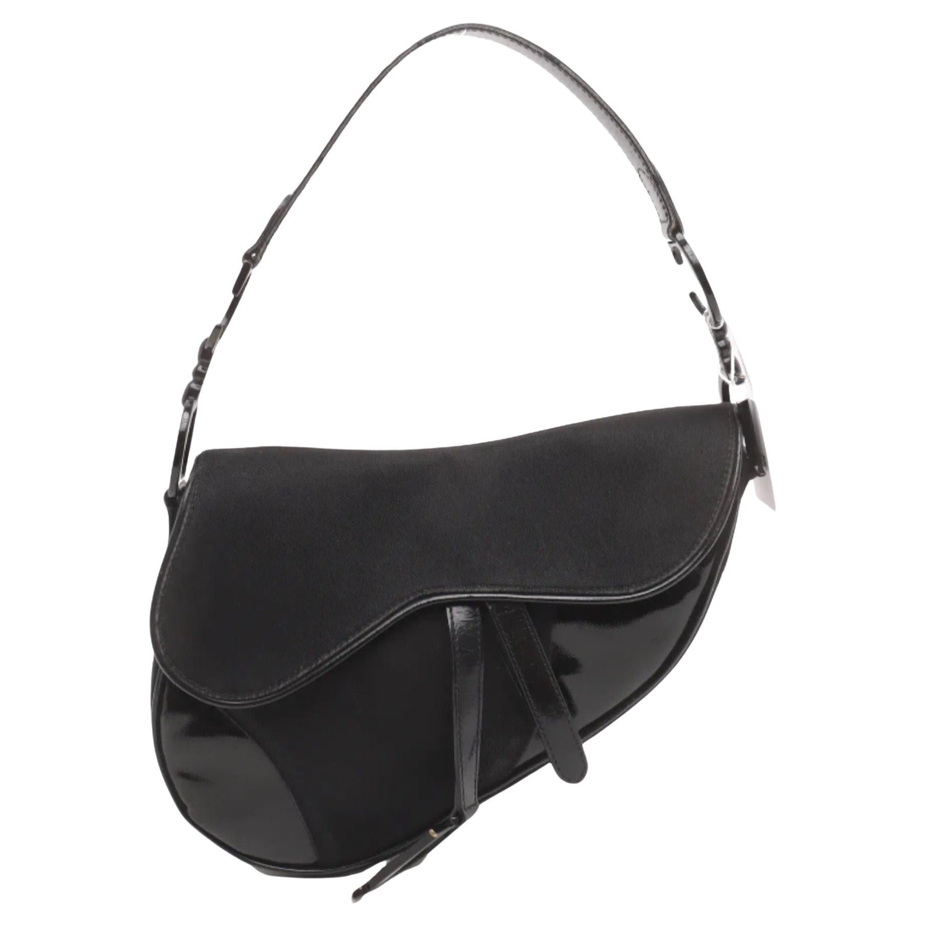 Dior Saddle Vintage So Black Fabric and Patent Leather Shoulder Bag For Sale
