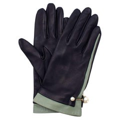 Dior Sage & Navy Leather Faux Pearl Embellished Gloves - Size 7