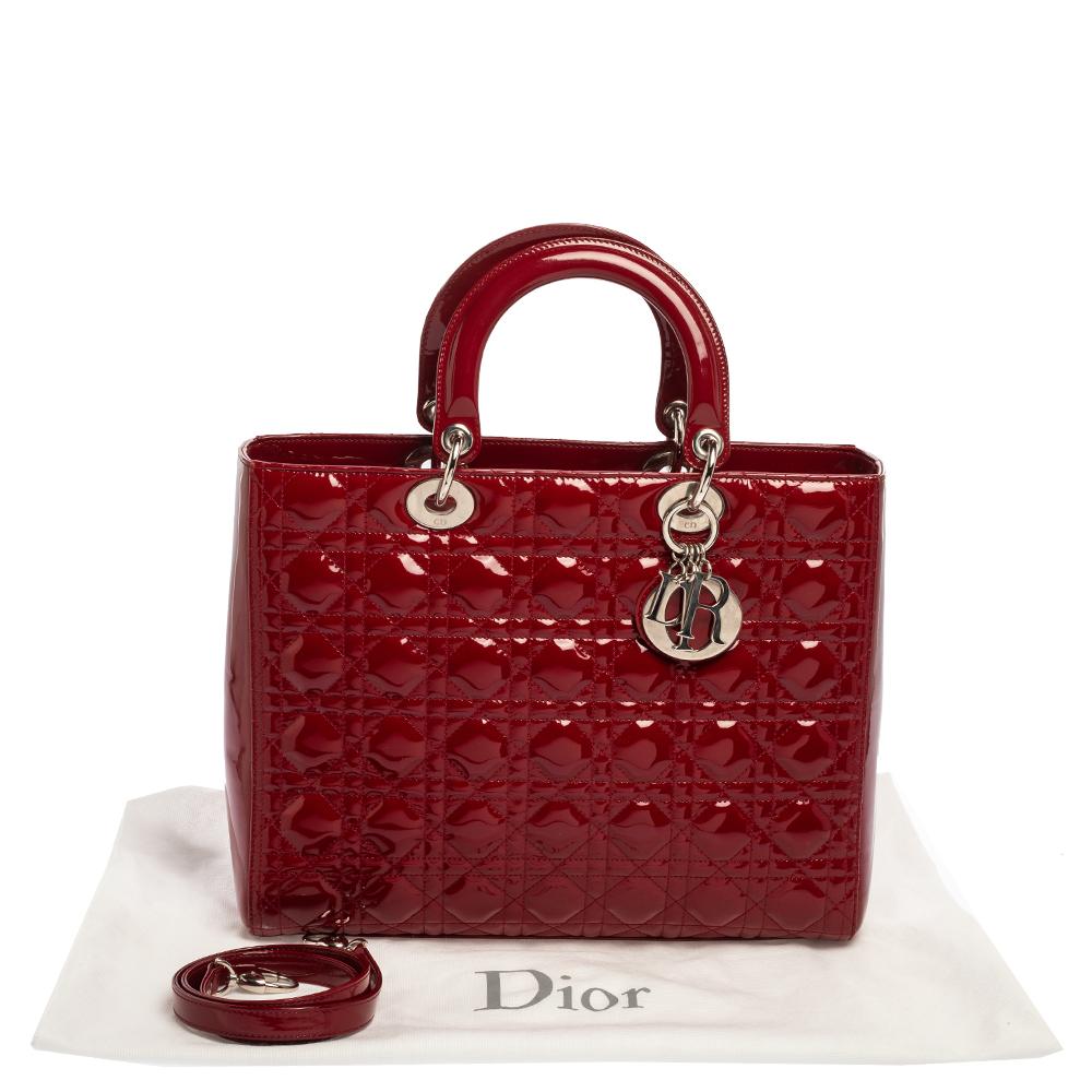 Dior Scarlet Red Cannage Patent Leather Large Lady Dior Tote 11